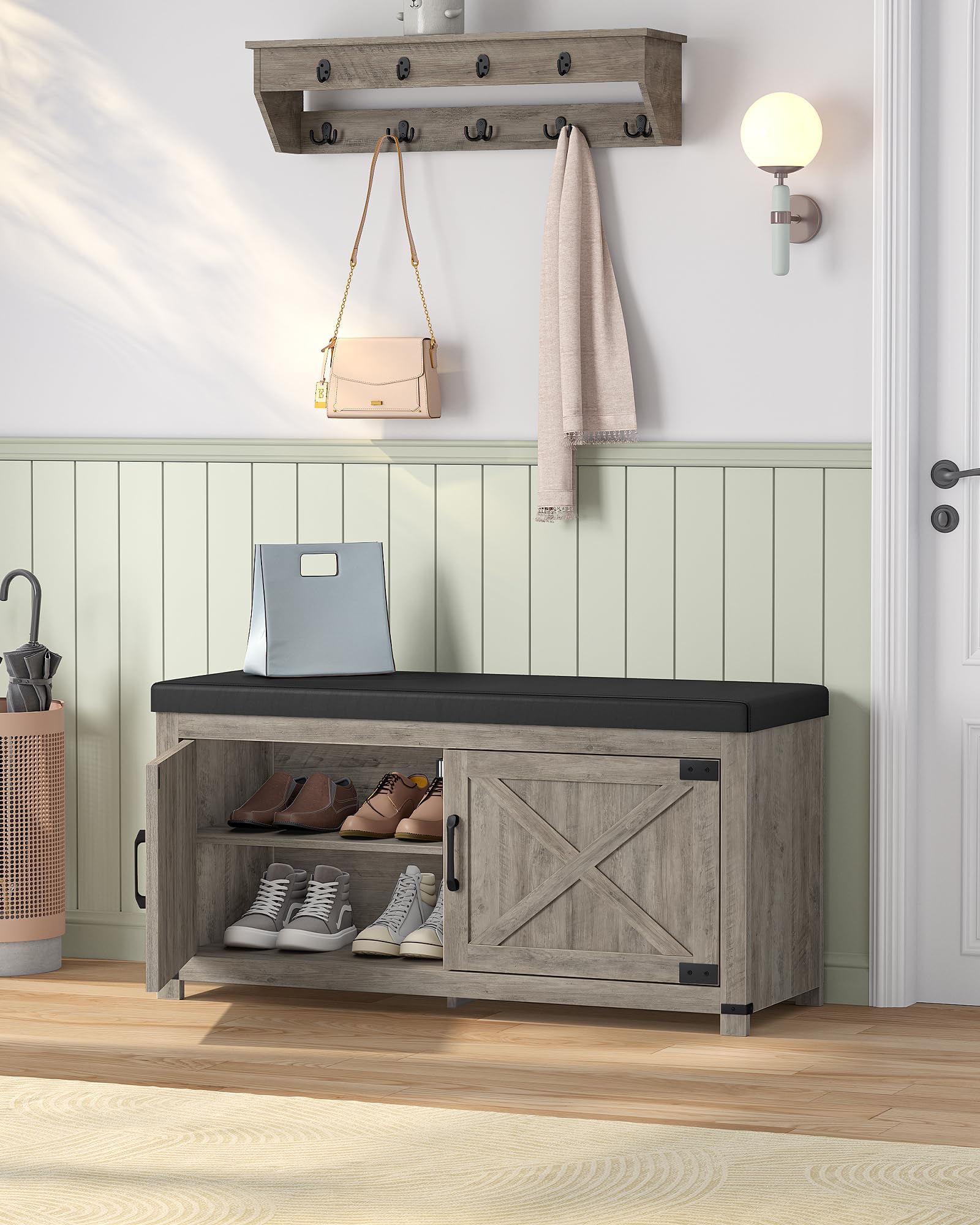 Hzuaneri Shoe Storage Bench, 2 Tier Shoe Bench with Padded Seat Cushion & 2 Barn Doors, Entryway Bench with Adjustable Shelf, Farmhouse Shoe Cabinet for Living Room, Bedroom, Antique White SB26214KA