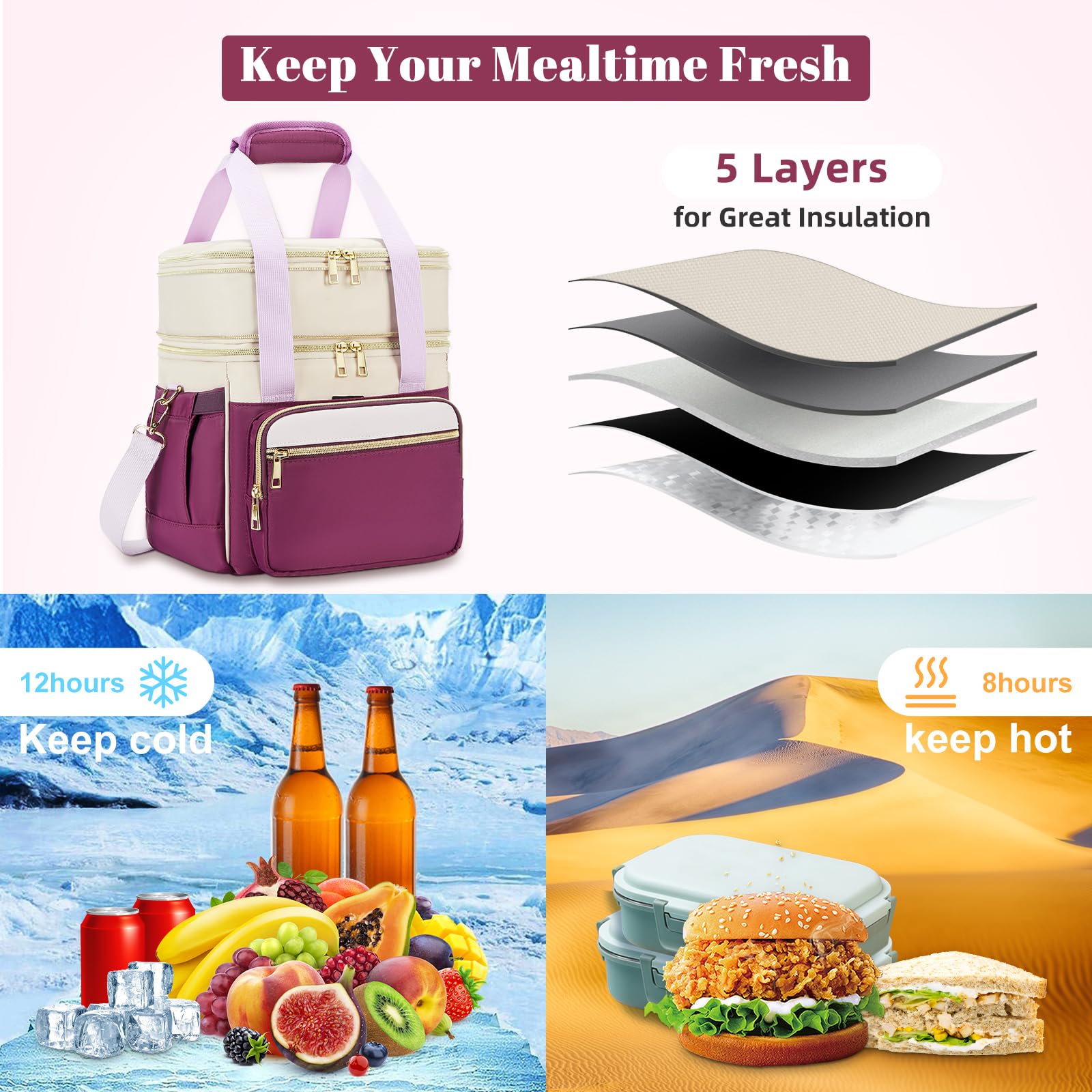 holuxer Insulated Lunch Bag & Lunch Box for Men - Double Deck Reusable Lunch Bag for Women Tote Cooler Bag Leakproof Soft Expandable - Large Lunchbox for Work/Adult/Picnic/Outdoor (Black，15L)