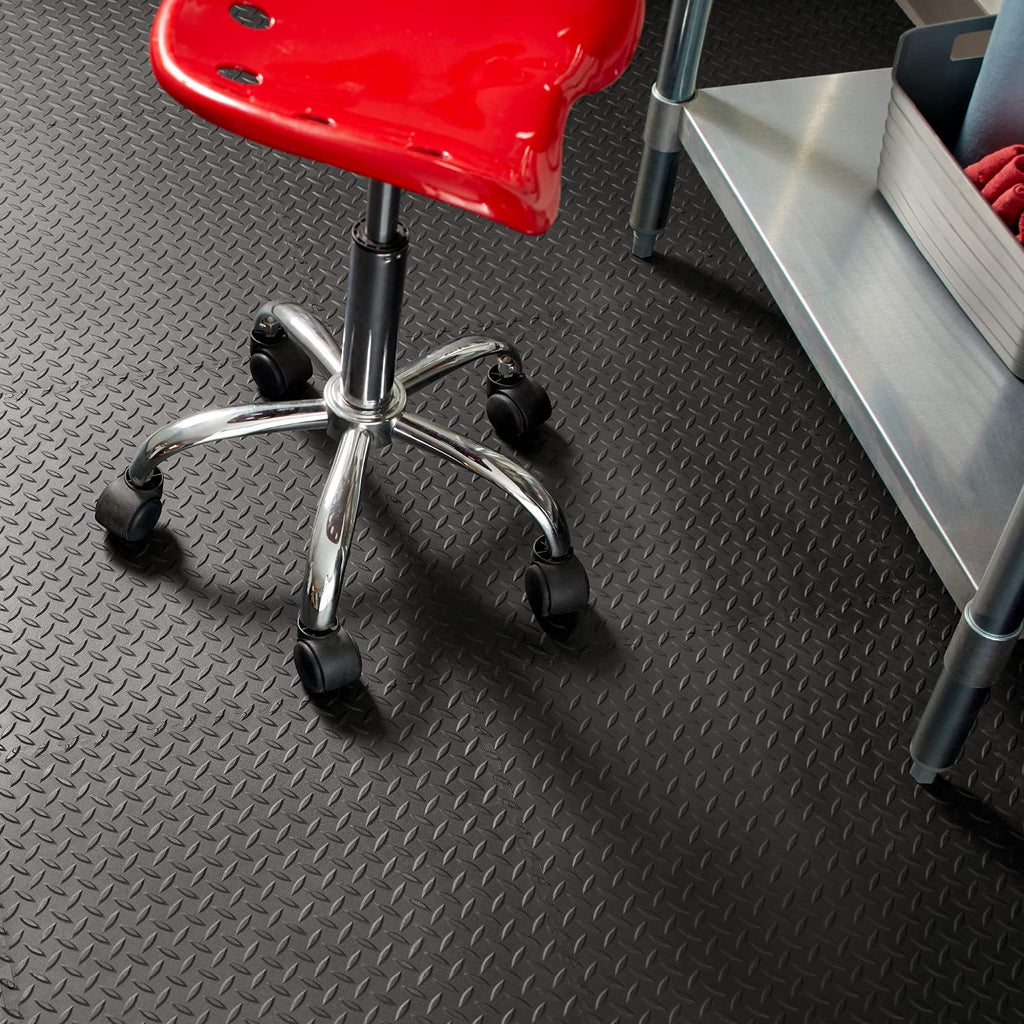 VersaTex Garage Floor 18 x 18 inch Square Rubber Diamond Plate Interlocking Floor Tiles for Home Gym, Garage Flooring, Trade Show Flooring, Basement Tiles, 24 Pack (Black)