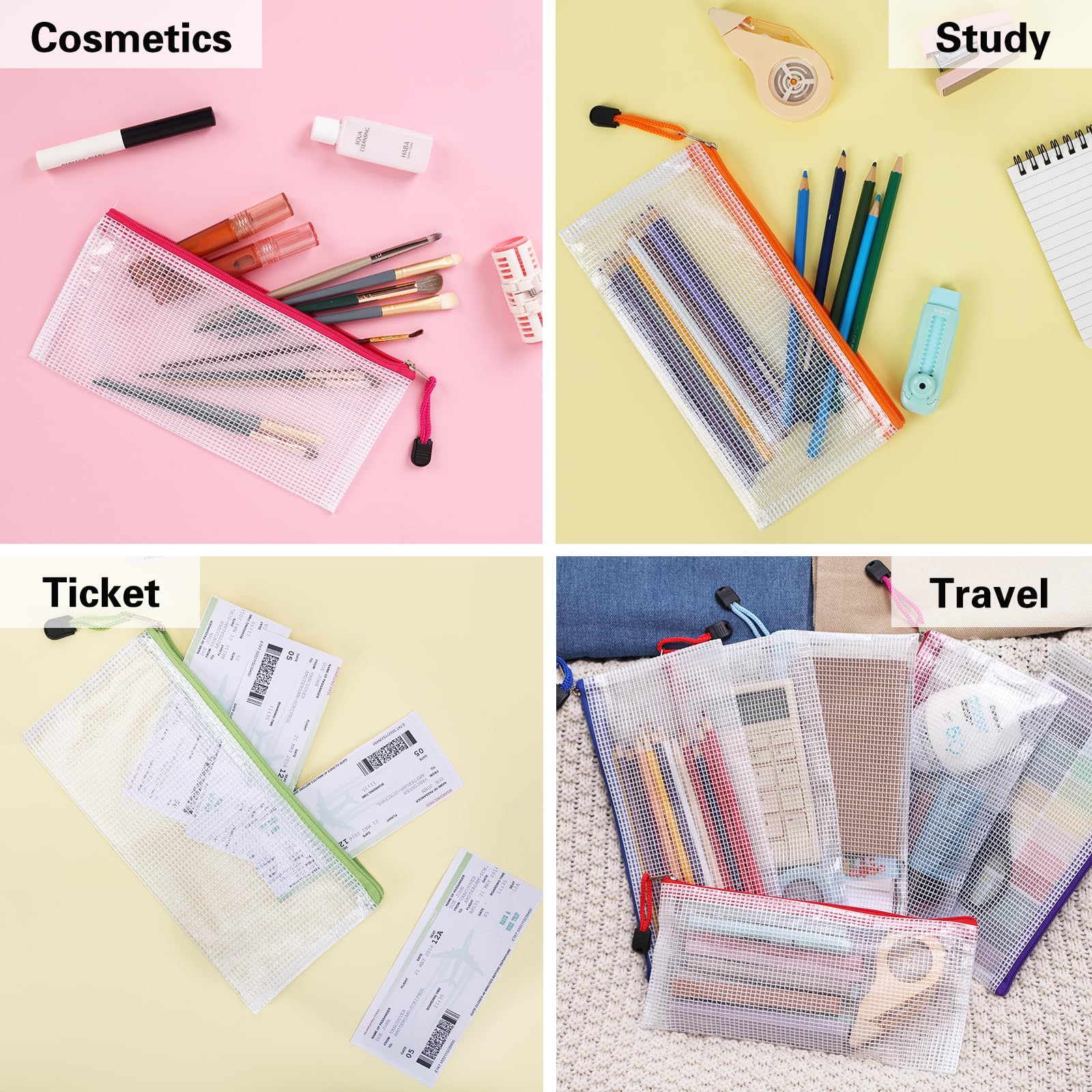 EOOUT 24pcs Mesh Zipper Pouch Bags A3 Extra Large Document Bag with Label Pocket, 16.9x12 Inches, Plastic Zip File Folders, Puzzles, Board Game Storage for Organizing Office Home