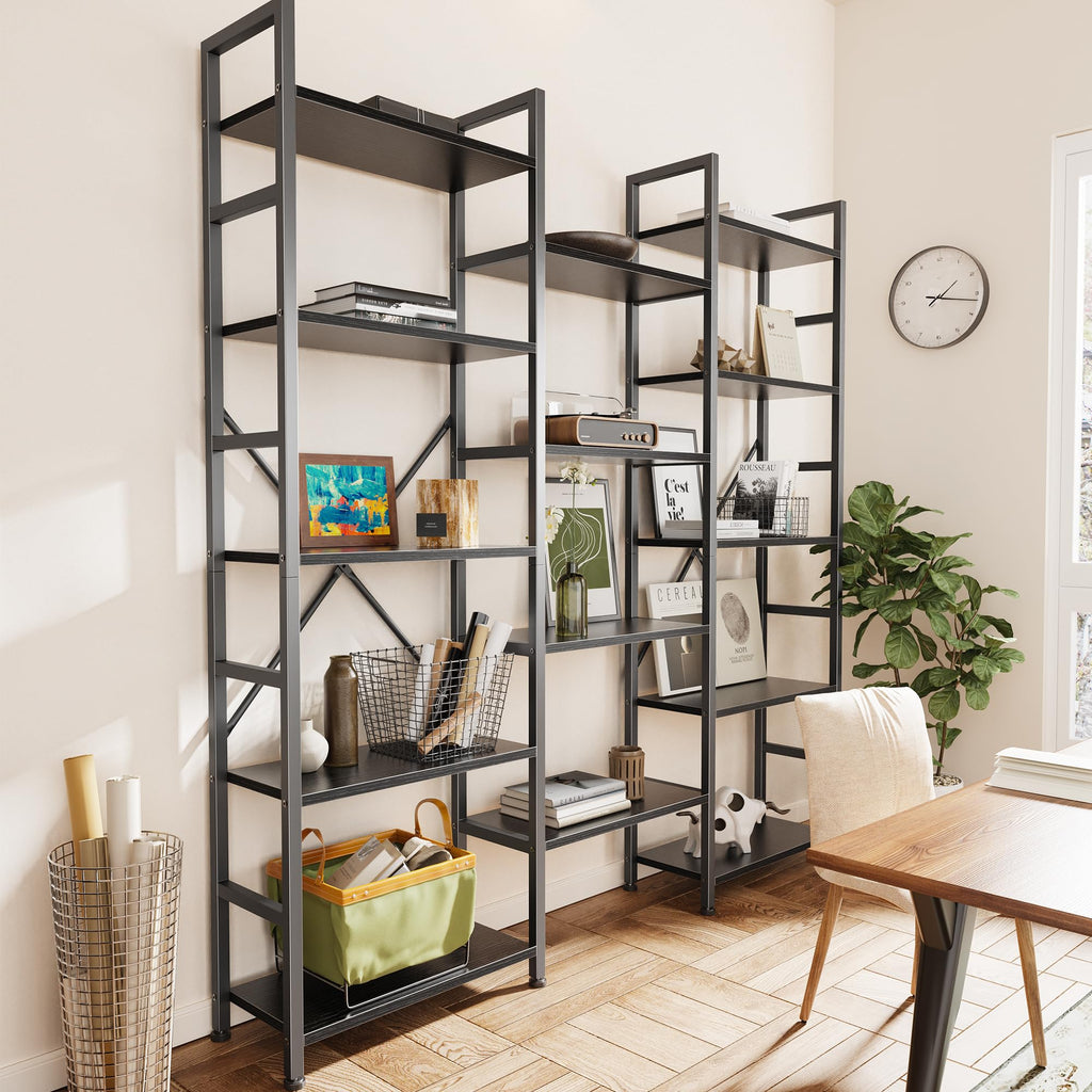 SUPERJARE Triple Bookshelf, Bookcase with 11 Open Display Shelves, Wide Book Shelf Book Case for Home & Office, 4 Tier, Black