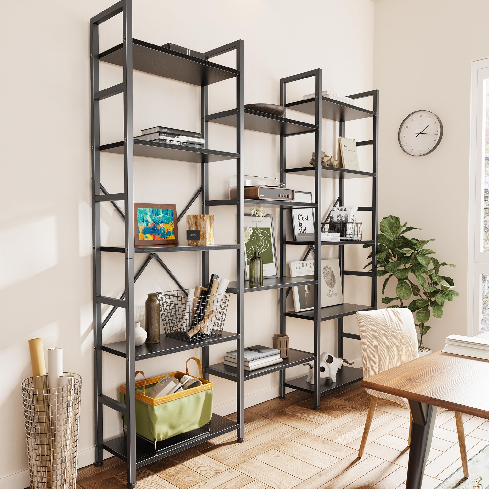 SUPERJARE Triple Bookshelf, Bookcase with 11 Open Display Shelves, Wide Book Shelf Book Case for Home & Office, 4 Tier, Black