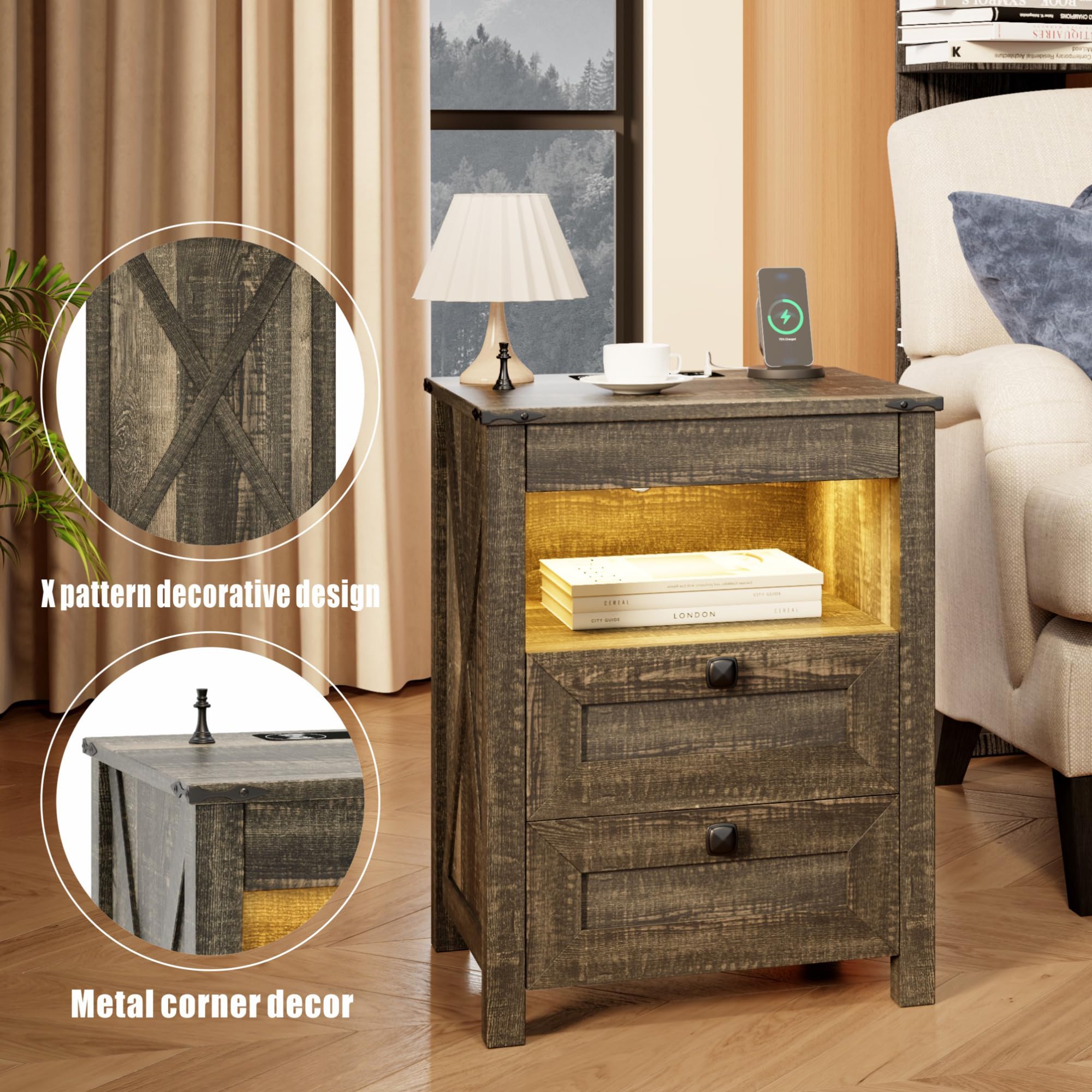 TAGELIER Farmhous Nightstand with Gun Drawer,Bedside Table with Charging Station, Gun Night Stand with LED Light & Human Sensor,Smart End Table for Bedroom, Black