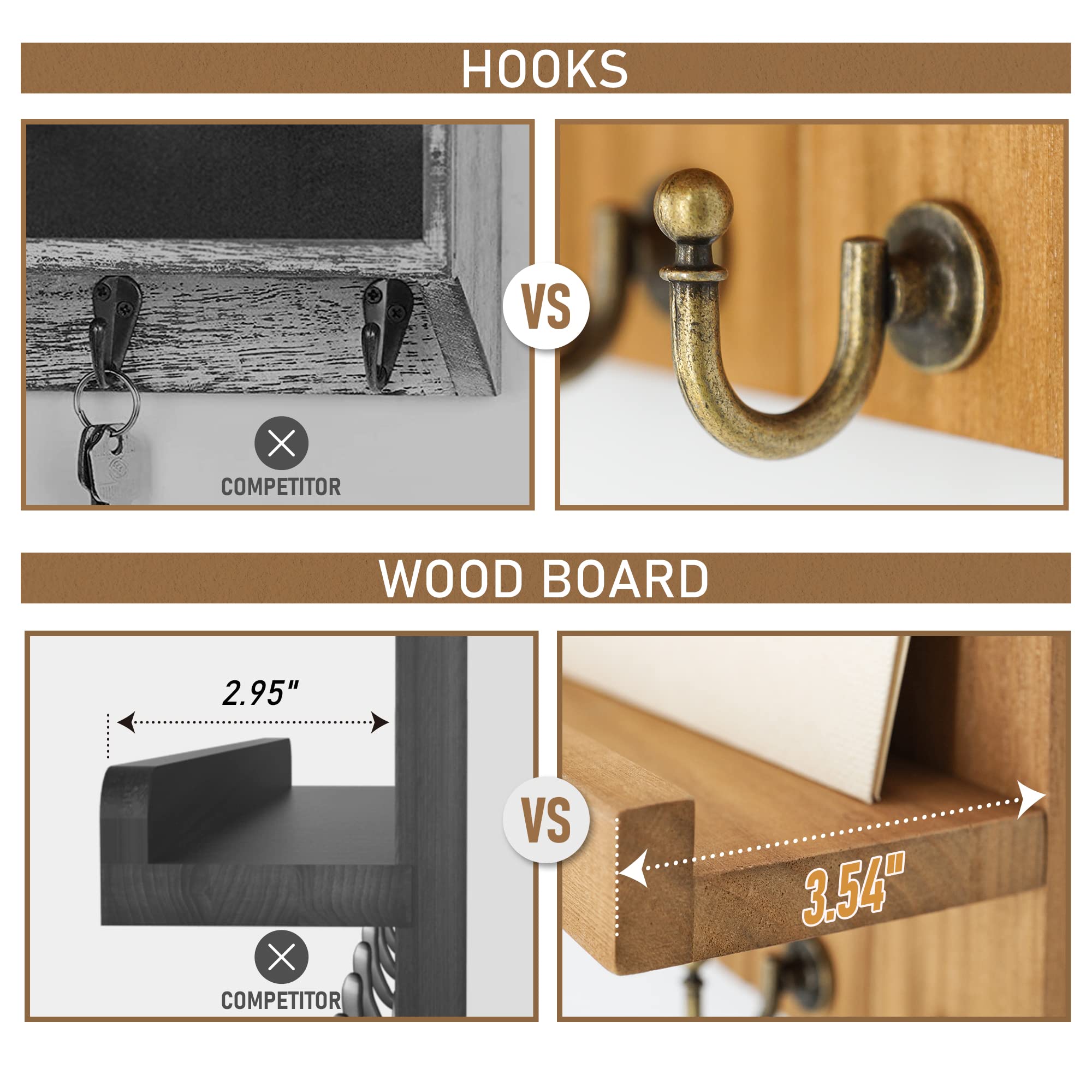 Rebee Vision Acacia Wood Key Holder Wall Mount – Farmhouse Key Holder for Wall & Mail Organizer with Shelf for Home Decor – Ideal for Apartment Essentials (Acacia Wood, 3.54" x 10" x 7.28")