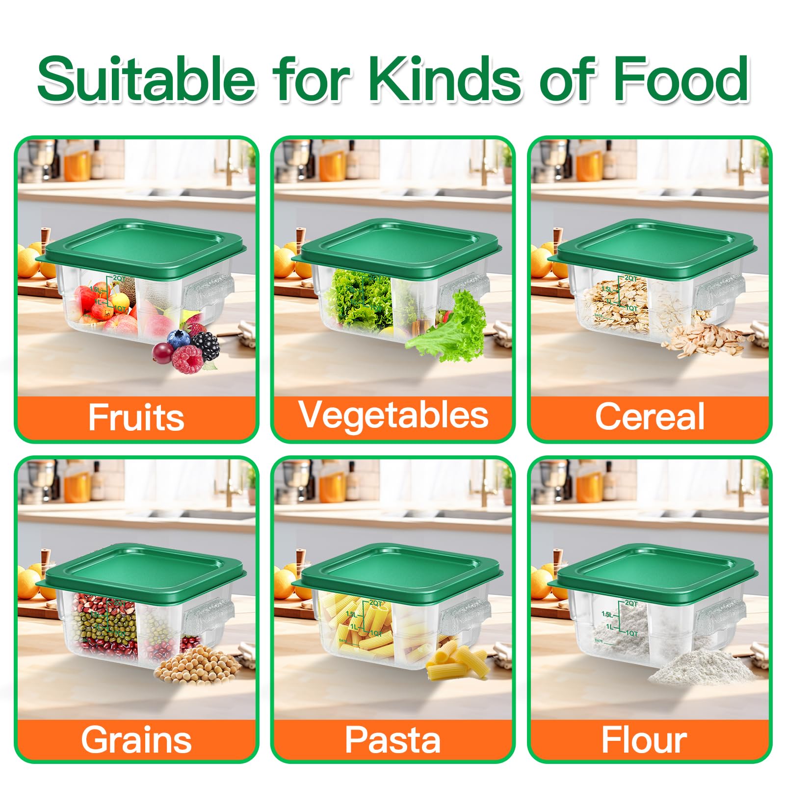 6 pcs 2qt Food Storage Containers with Lid, Square Clear Commercial Storage Containers with Handle and Scale for Food Storage in Home Kitchen & Dining (Green)