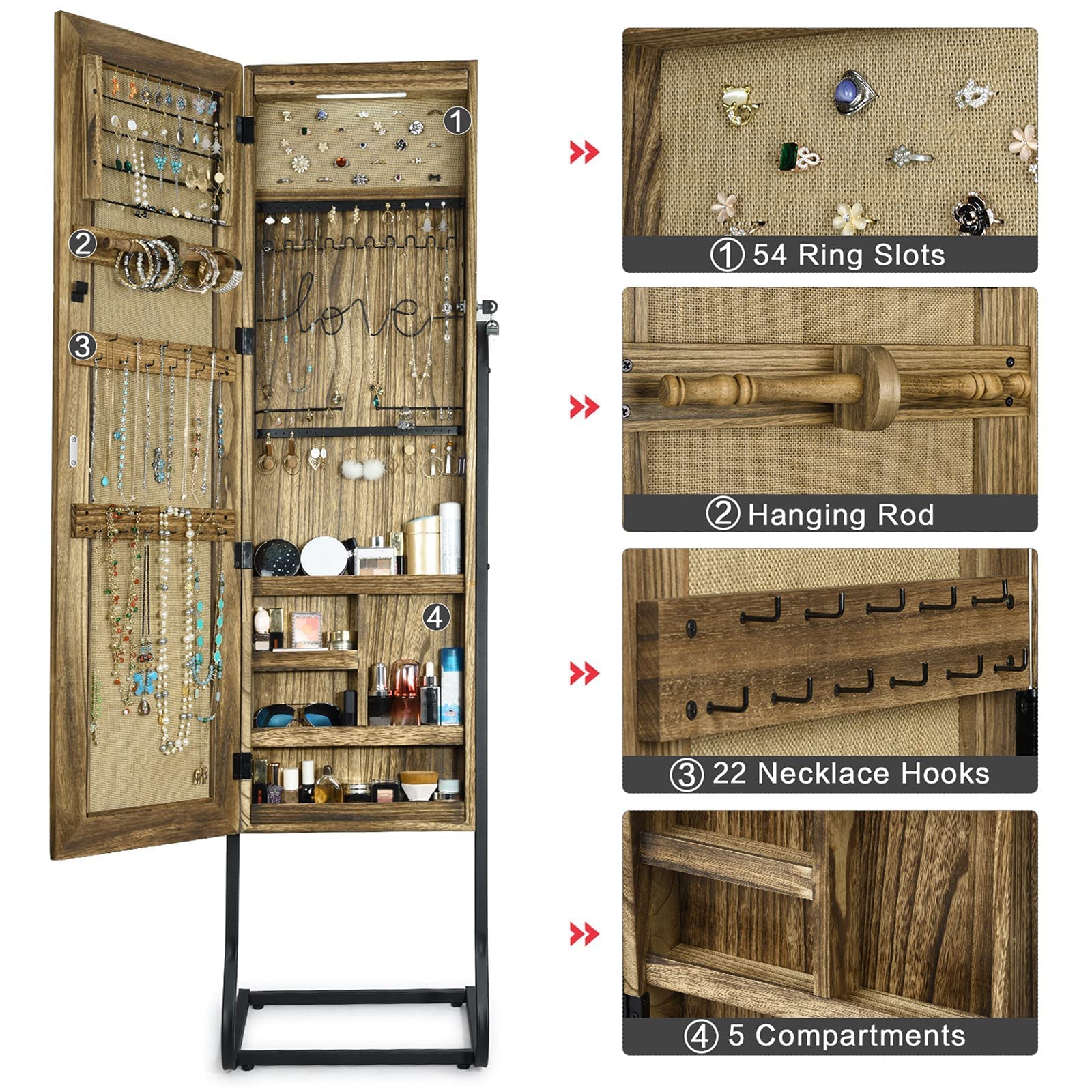 SRIWATANA Jewelry Armoire Cabinet, Solid Wood Standing Jewelry Organizer with Full Length Mirror (Carbonized Black)