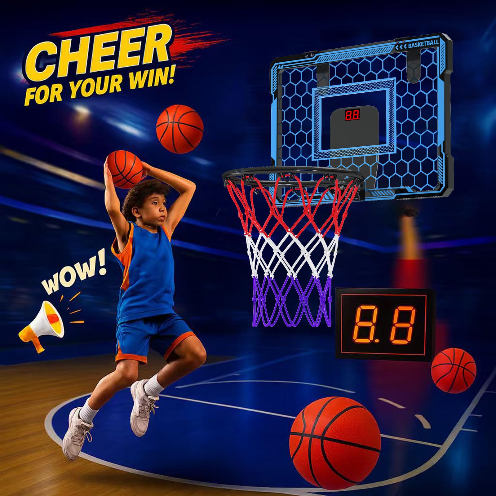 Molutsody Over The Door Basketball Hoop, for Kids (Blue) | Mini Hoop with LED Light & Scoreboard. Includes 3 Balls & Air Pump. Gifts for 4-12 Year Old Boys Girls
