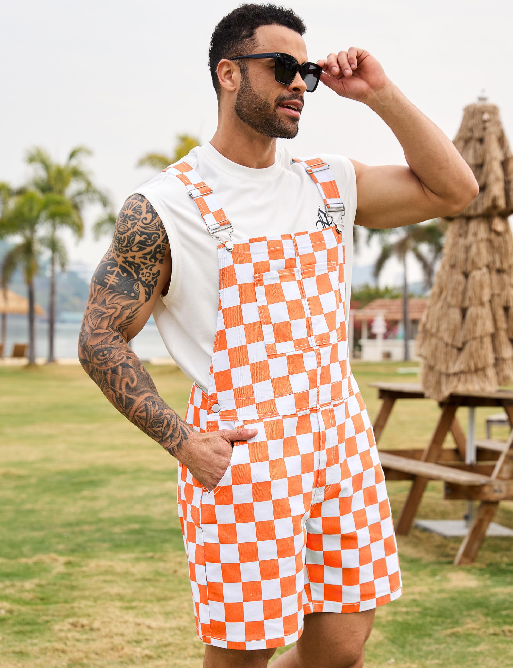 Odefou Checkered Bib Overalls for Men Jumpsuit Shorts Work Coveralls