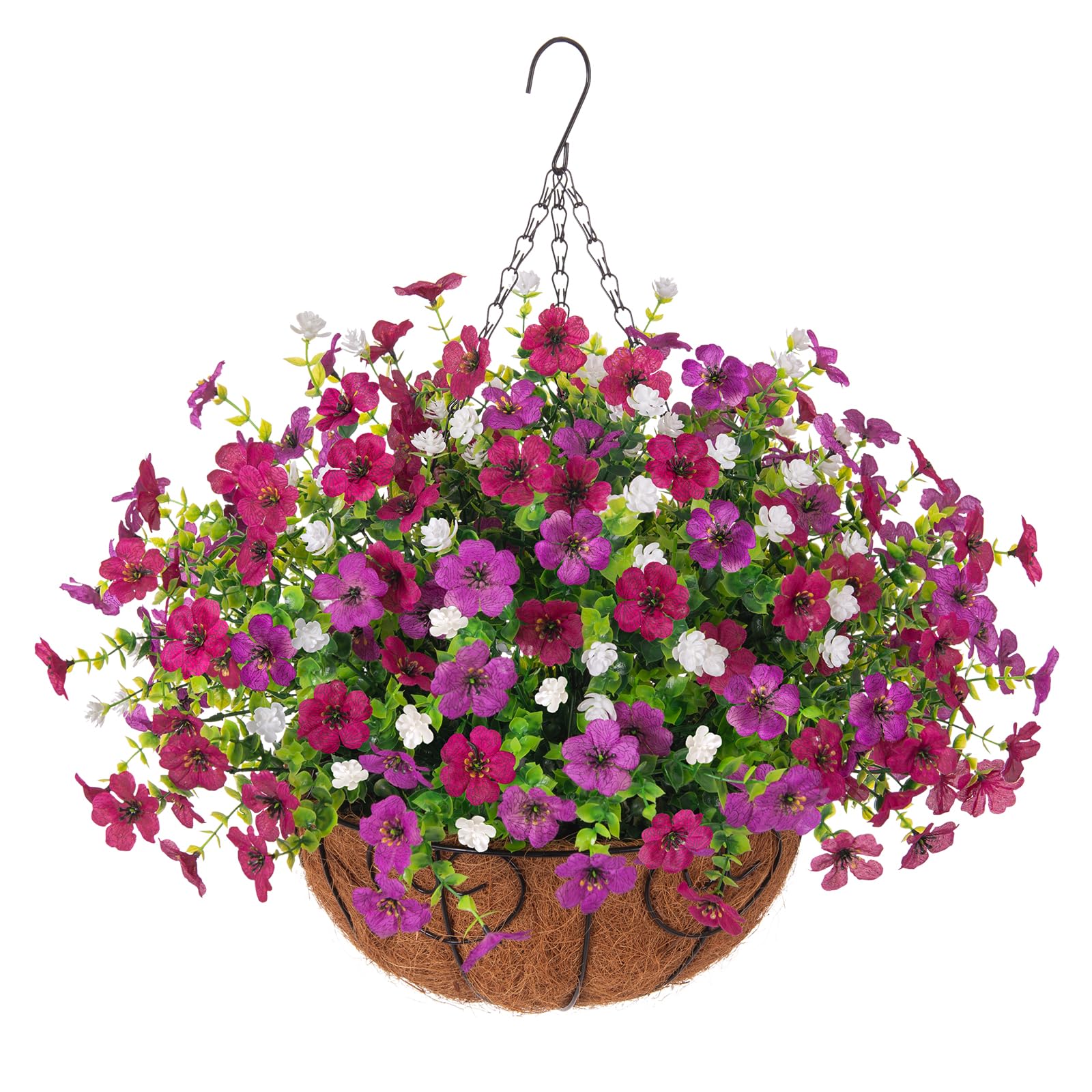 Ammyoo Artificial Faux Hanging Plants Flowers Basket for Spring Outdoor Decoration, Fake Silk Daisy UV Resistant Look Real with Eucalyptus Leaves Summer Outside Decor for Home Patio Garden