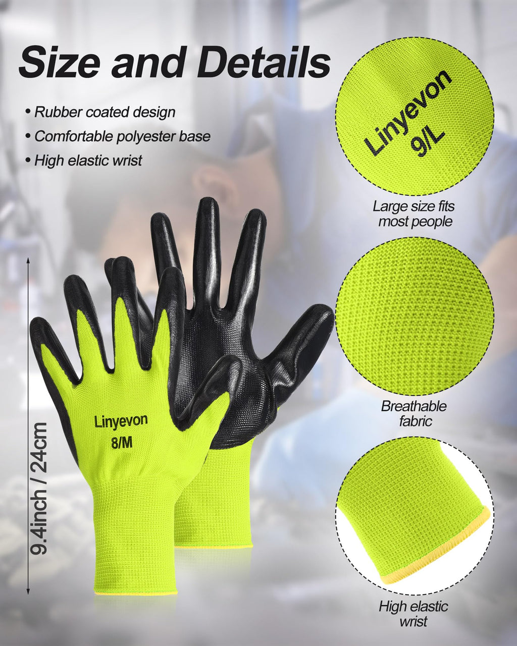 Maxcheck PU Coated Gloves Bulk, Reusable Rubber Safety Gloves for Men Women Work Warehouse, Mechanic, Woodworking