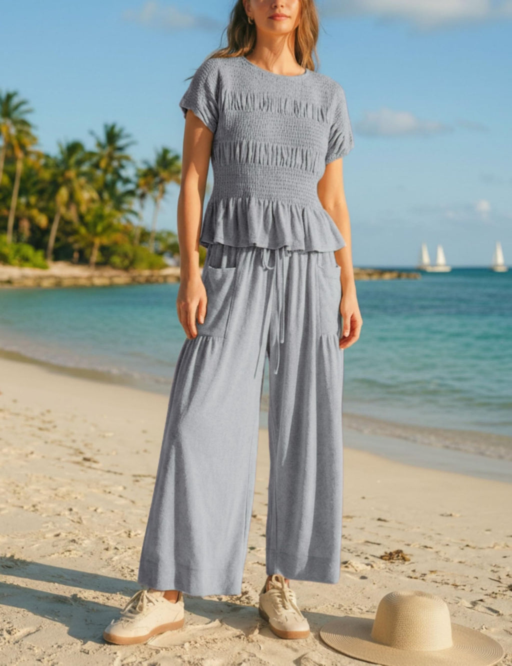 Antnation Womens 2 Piece Smocked Top Wide-Leg Pants Set High-Waisted Lounge Outfit with Pockets Casual Boho Matching Set