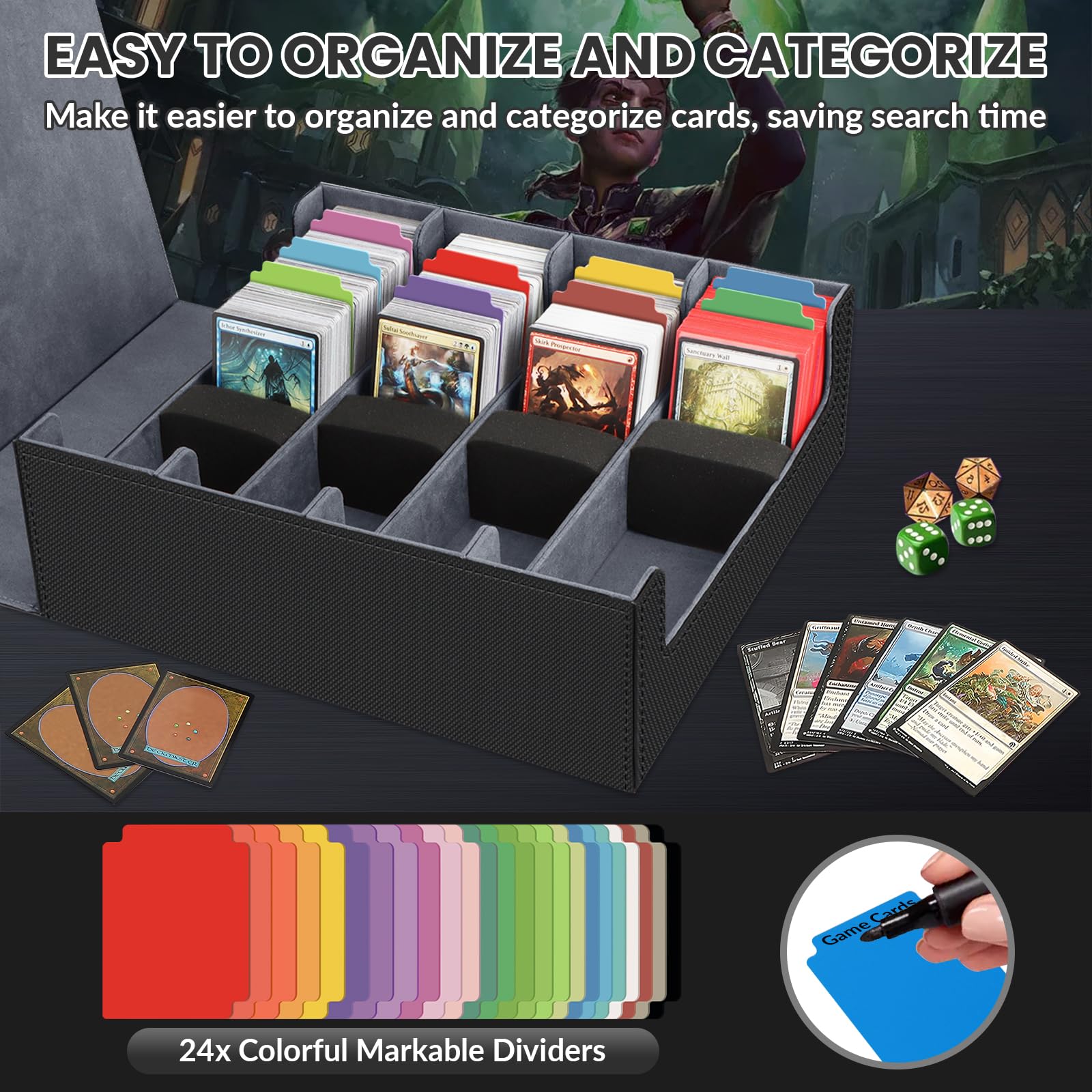 AOBOPLE Trading Card Storage Box,3200+ Card Box Storage with 24 Dividers and 4 Foam Supporters PU Leather Magnetic Cards Deck Case for MTG TCG Magic and Sport Cards,Great Gift for Card Collectors