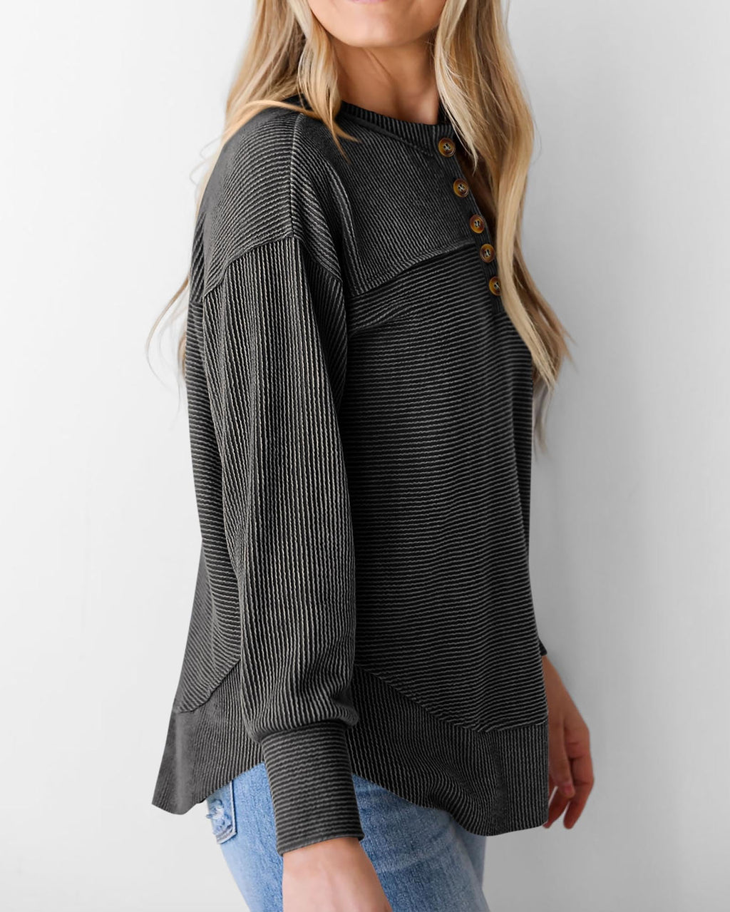 KIRUNDO Going Out Tops for Women Henley Shirts 2025 Casual Ribbed Knit Long Sleeve Tunic Summer Fall Button V Neck Blouse