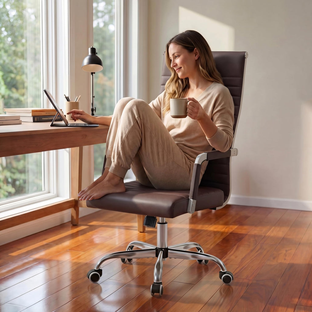Furmax Ribbed Office Chair High Back PU Leather Executive Conference Chair Adjustable Swivel Chair with Arms (Bicolor Retro Brown)
