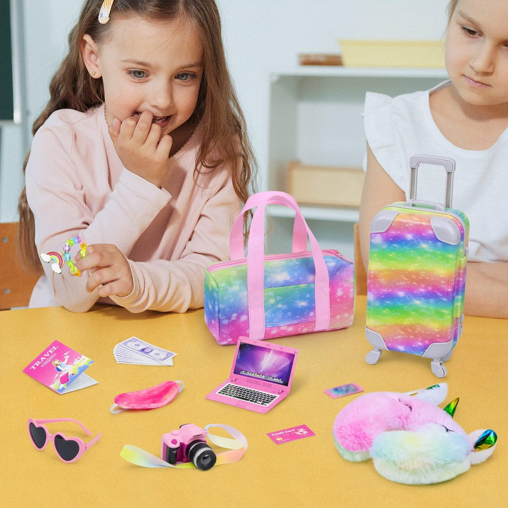 K.T. Fancy 18 Inch American Doll Clothes and Accessories, Doll Travel Suitcase Playset for Girls, Cute Travel Doll Clothes for 18 Inch Girl Doll(Not Include Doll & Shoes), Pink