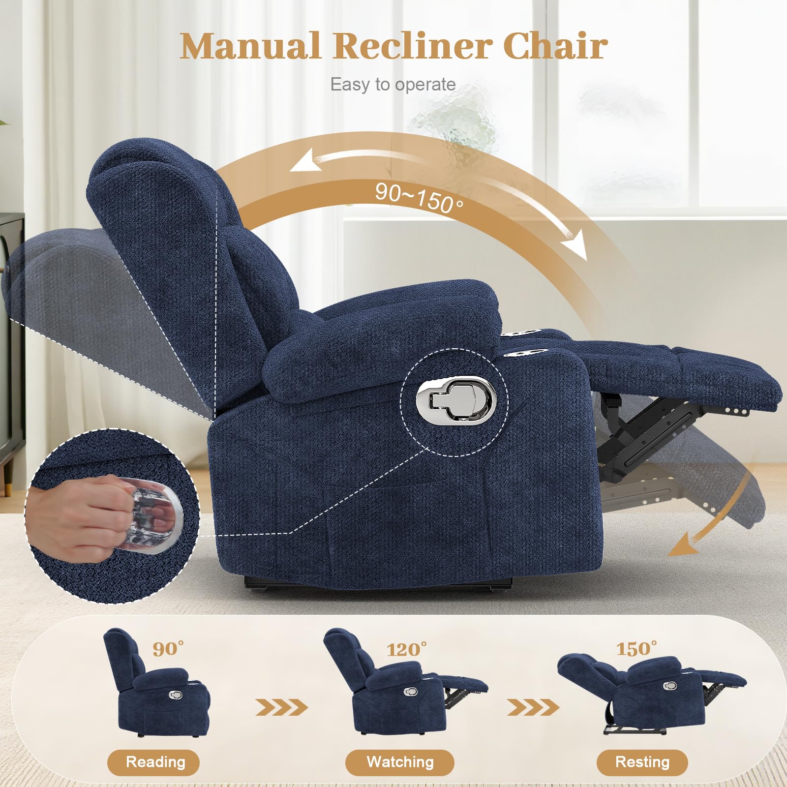 Recliner Chairs for Adults, FSC Certified Massage Reclining Chair with Heated Modern, Ergonomic Lounge Single Reclining Sofa Seat with Cup Holder & Pocket, Living Room Lounge Recliners Black