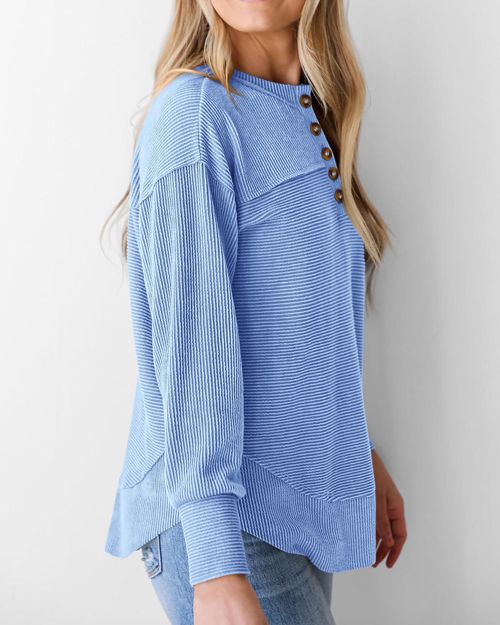 KIRUNDO Going Out Tops for Women Henley Shirts 2025 Casual Ribbed Knit Long Sleeve Tunic Summer Fall Button V Neck Blouse