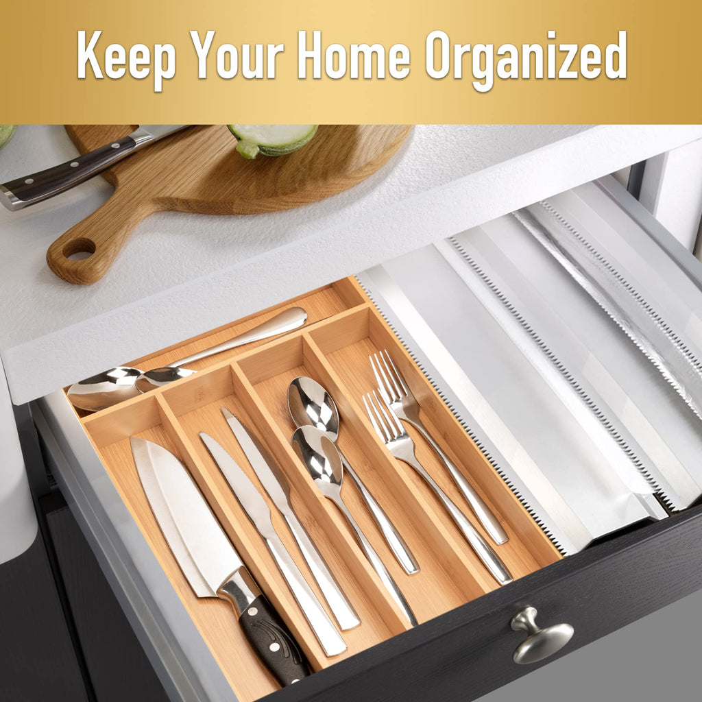 Acacia 4 Slot Silverware Drawer Organizer - Cutlery Holder with Flatware Tray