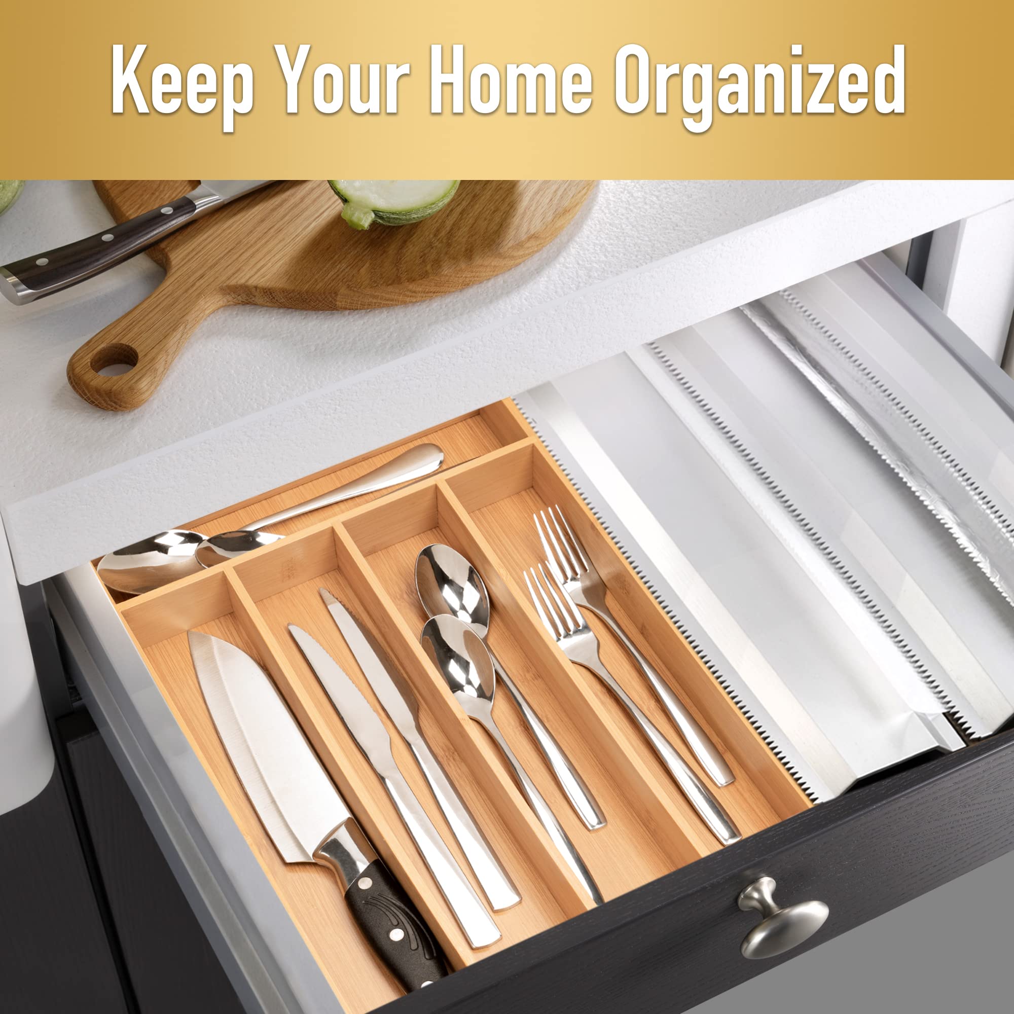 Acacia 4 Slot Silverware Drawer Organizer - Cutlery Holder with Flatware Tray