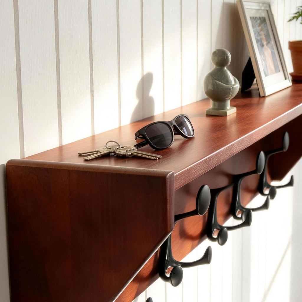 SKOLOO Wall Shelf with Hooks, 24-Inch Cherry Coat Rack Wall Mount with Shelf Organizer - Heavy Duty, 4 Tri Hooks - Perfect for Entryway, Hallway, Living Room, Bedroom, Mudroom