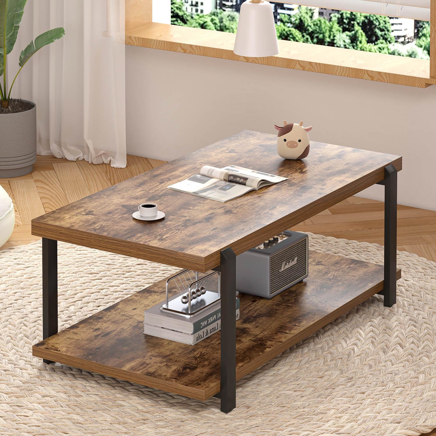 FOLUBAN Black Coffee Table, Modern Rustic Wood Center Table with Storage for Living Room, Industrial Rectangle 2 Tier Cocktail Tea Table, Black Oak