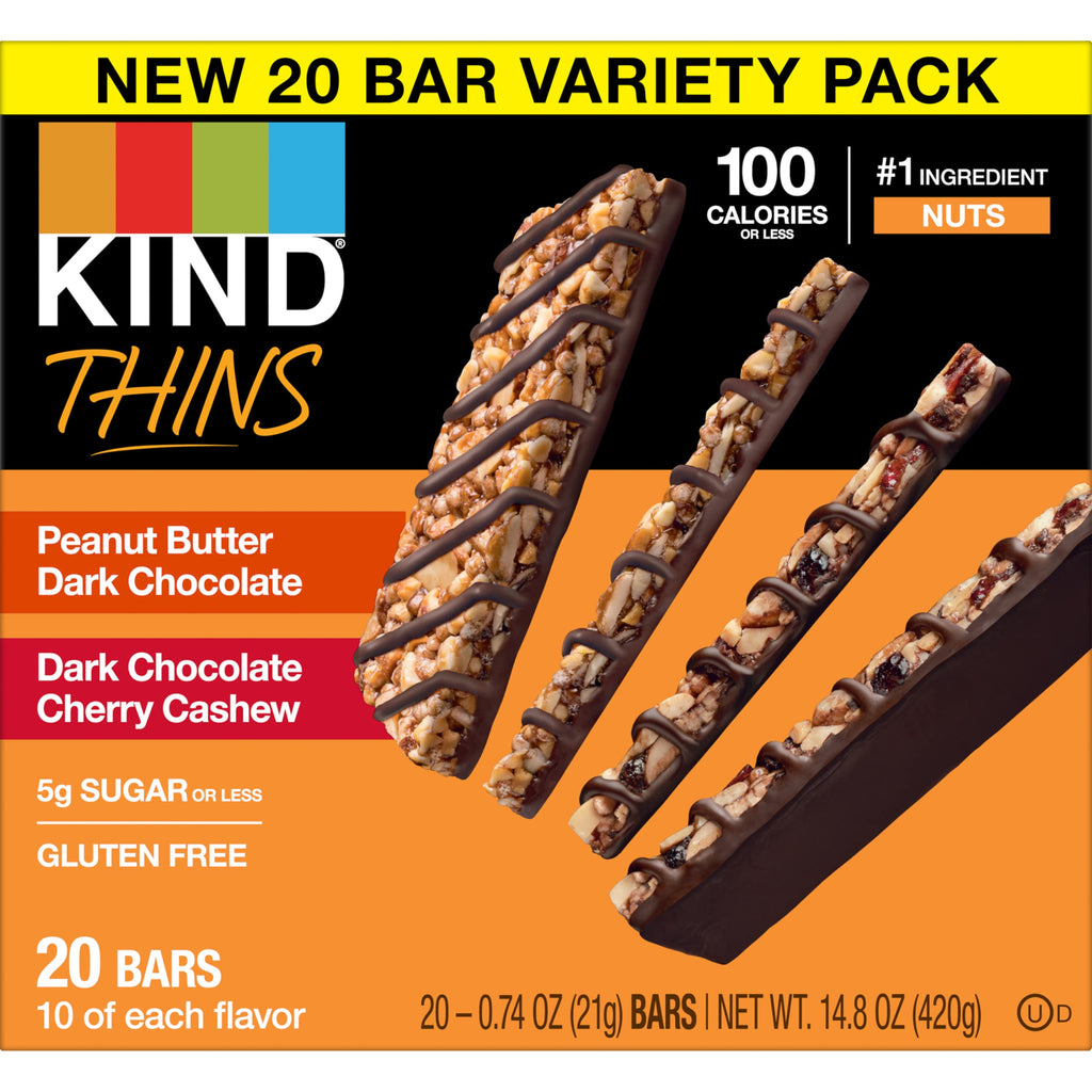 KIND Thins Snack Bars, 2 Flavor Variety Pack, Gluten Free, 100 Calorie, 60 Count, Peanut Butter Dark Chocolate & Dark Chocolate Cherry Cashew