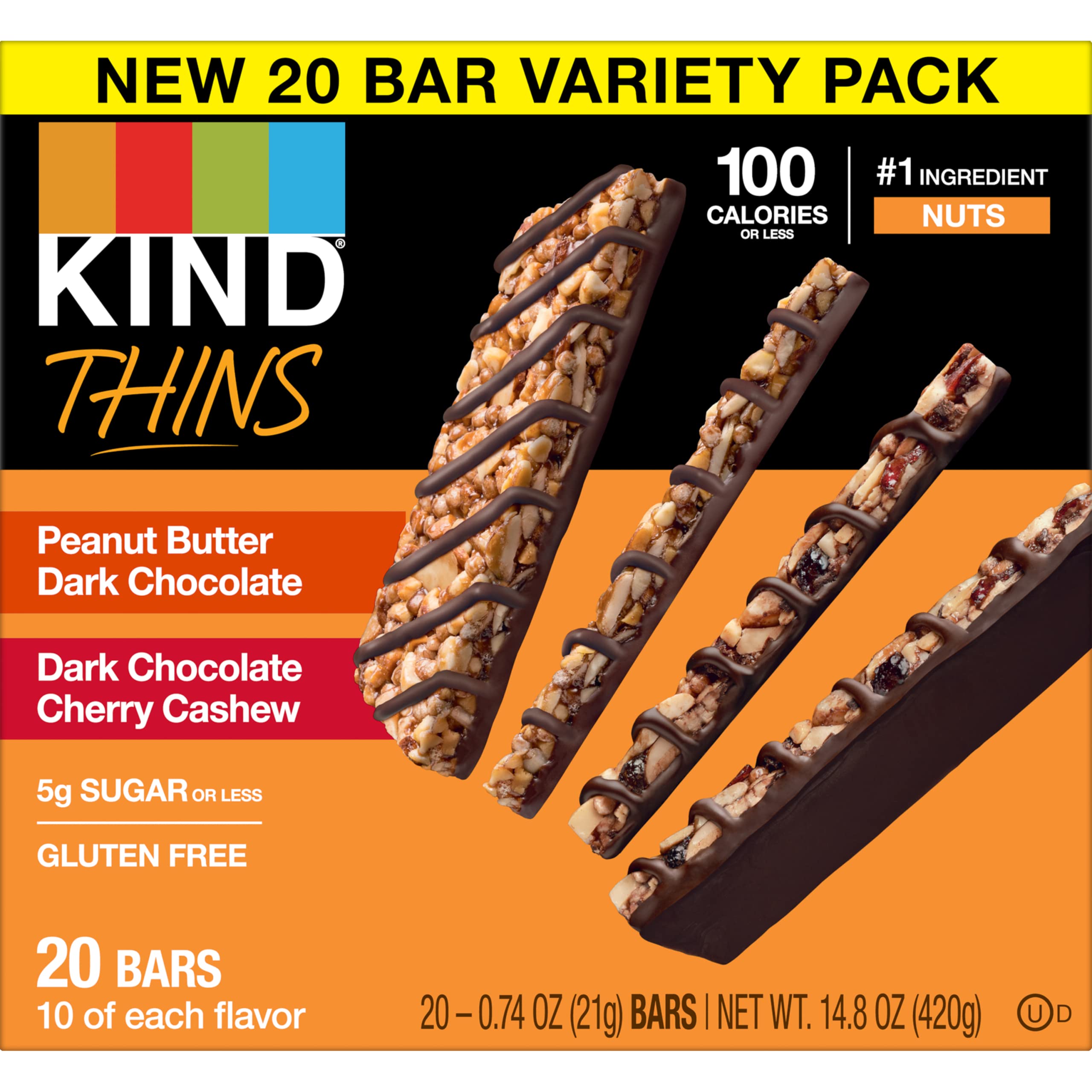 KIND Thins Snack Bars, 2 Flavor Variety Pack, Gluten Free, 100 Calorie, 60 Count, Peanut Butter Dark Chocolate & Dark Chocolate Cherry Cashew