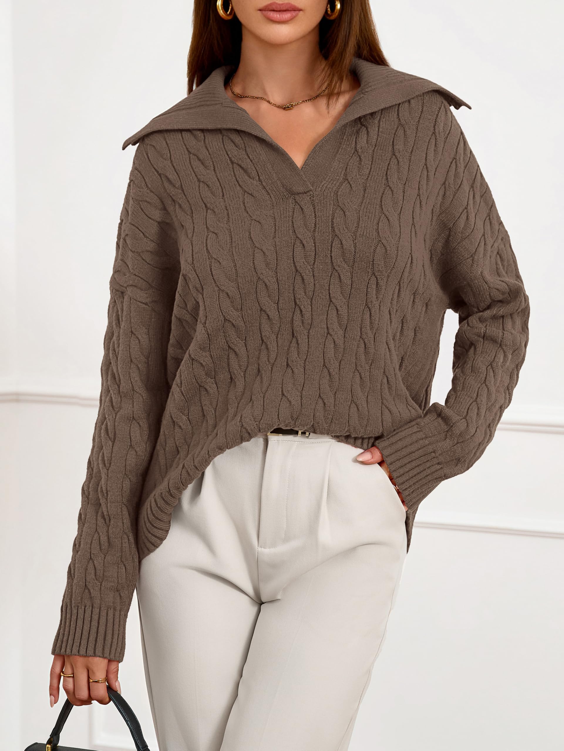 PRETTYGARDEN Spring Cable Knit Oversized Sweaters for Women 2026 Polo V Neck Long Sleeve Casual Chunky Sweater Pullover Tops