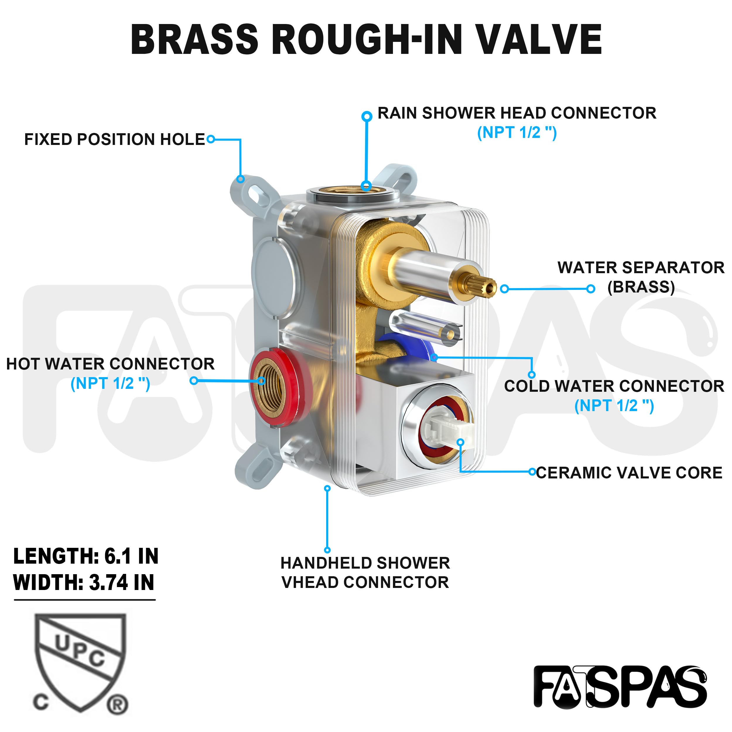 Brushed Gold Shower System with 10-Inch Rain Showerhead and Tub Spout | cUPC-certified pressure balance brass valve to prevent scalding, CEC-certified air injection technology for low pressure