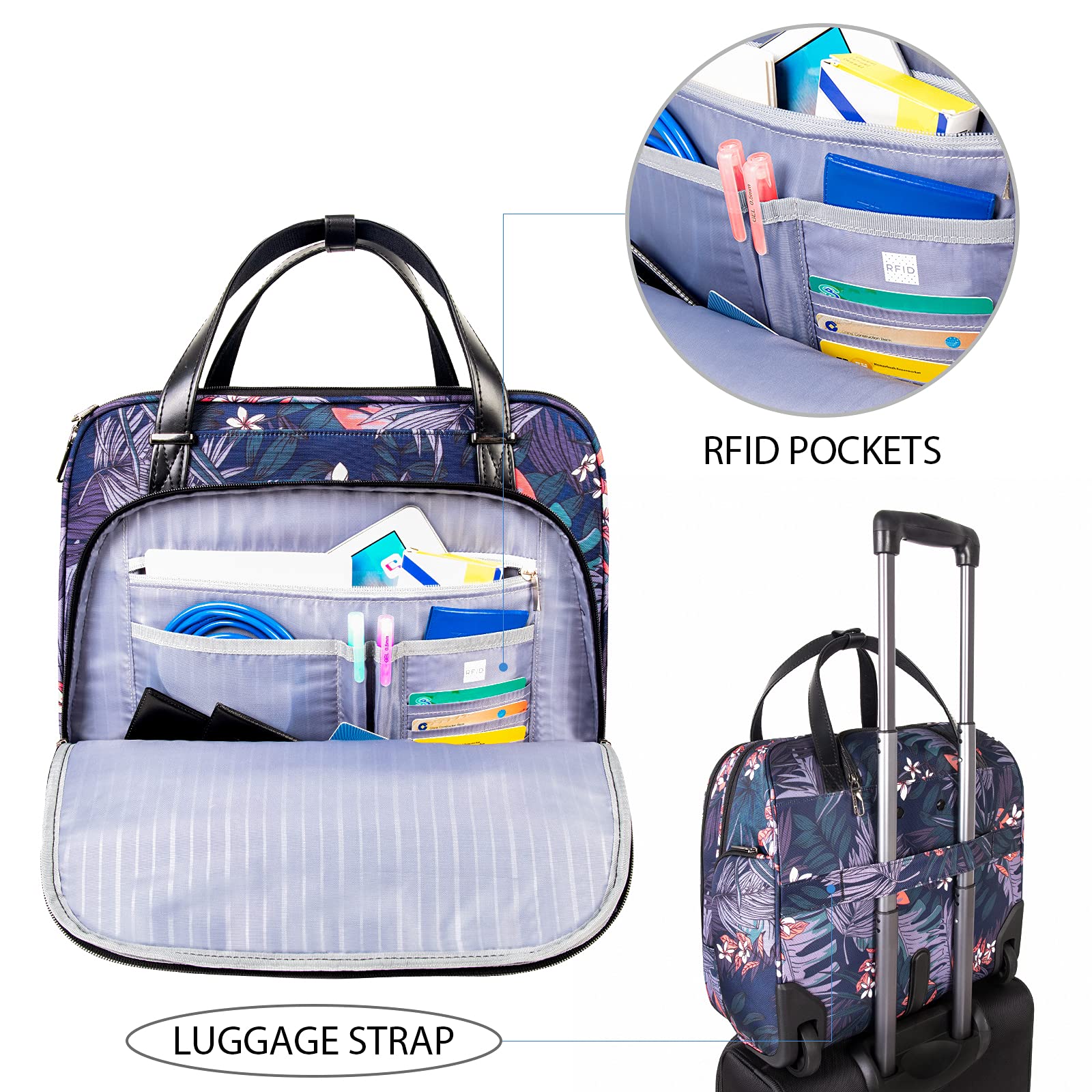 VANKEAN Rolling Laptop Bag Women with Wheels, Fits Up to 15.6 Inch Rolling Briefcase Water Repellent Rolling Computer Bag (Floral)