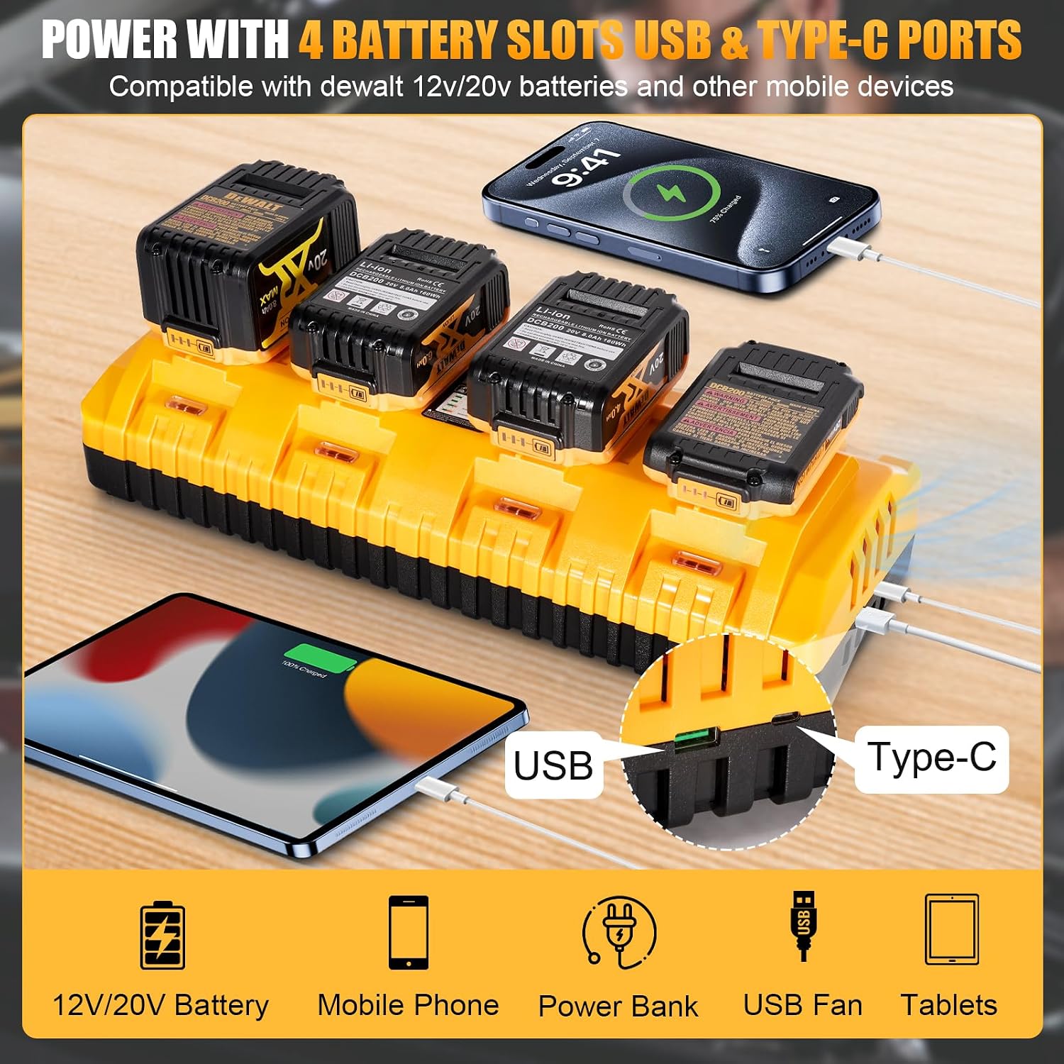 DCB104 Replacement for Dewalt Battery Charger Station, 4 Port Fast Rapid Charging Station with USB and Type-C Ports Compatible with All Dewalt 12V 20V Max Lithium Battery