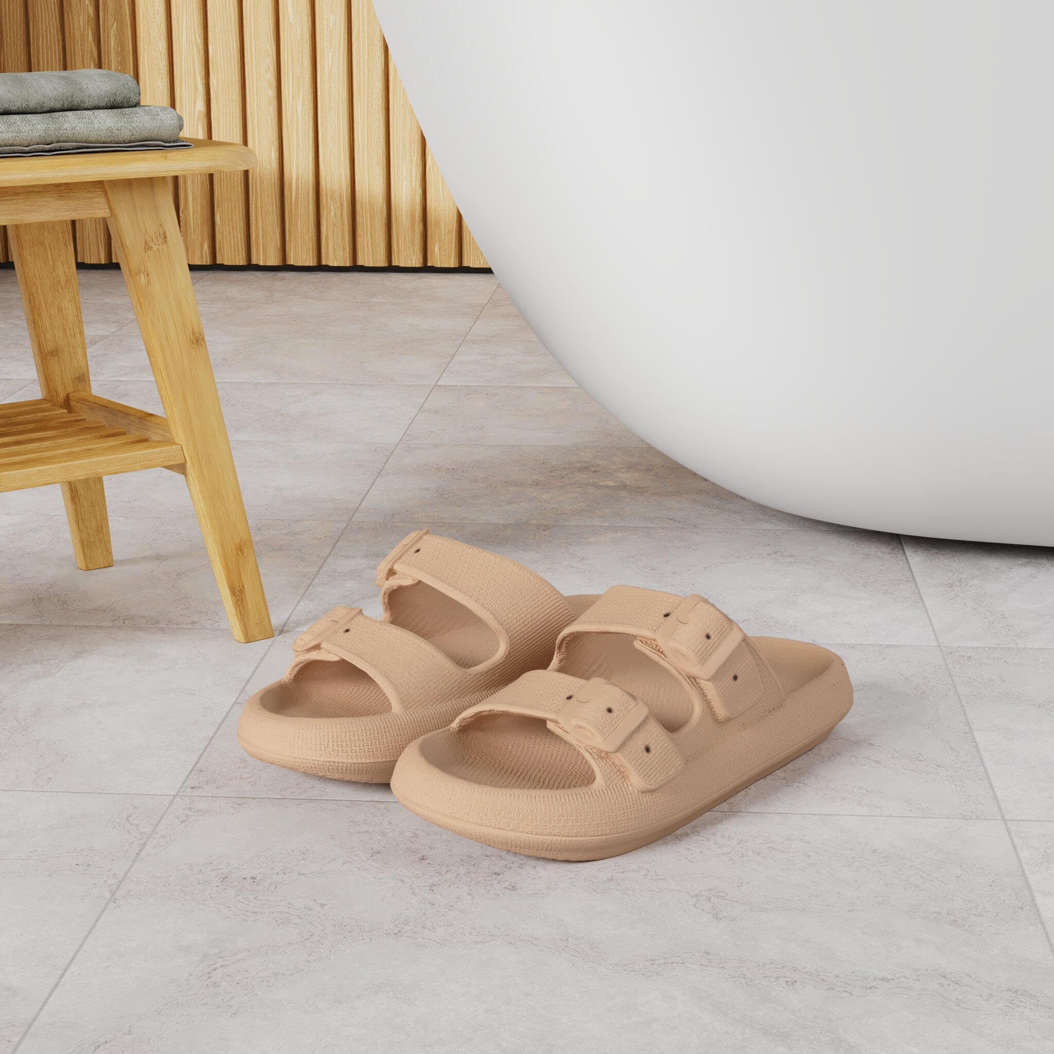 WHITIN Slides for Women Men Double Buckle Adjustable Thick Sole Pillow Slippers Bathroom Sandals