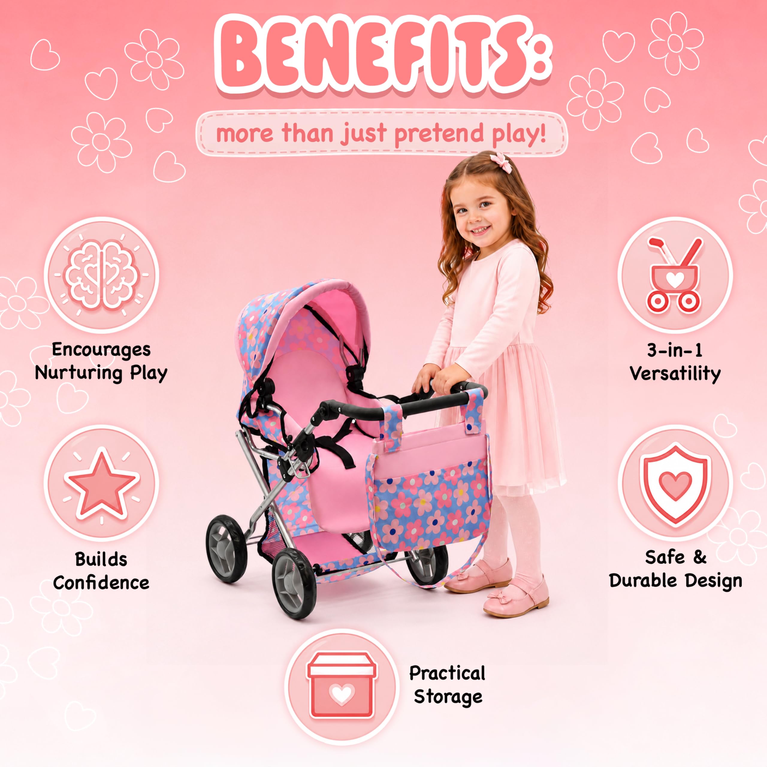 Baby Doll Convertible Pram Stroller with Removable Travel Bassinet Carrier for Kids Adjustable Handle Buggy Carriage with Canopy and Storage Basket 25 Inch Pink, Black