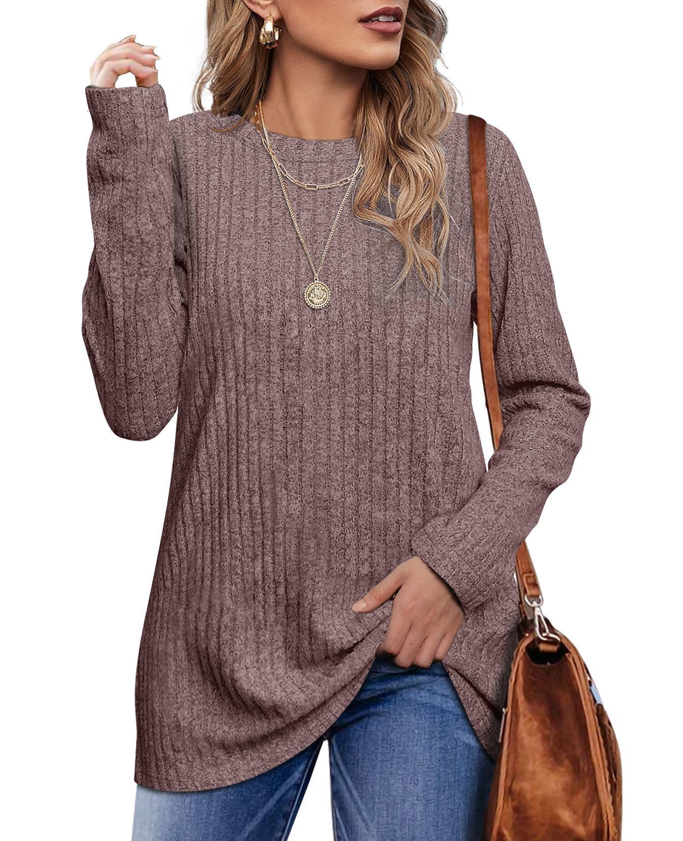 OFEEFAN Long Sleeve Shirts for Women Loose Fit Crew Neck Tunic Tops Blouse Dressy Casual Fall Winter Clothes Outfits