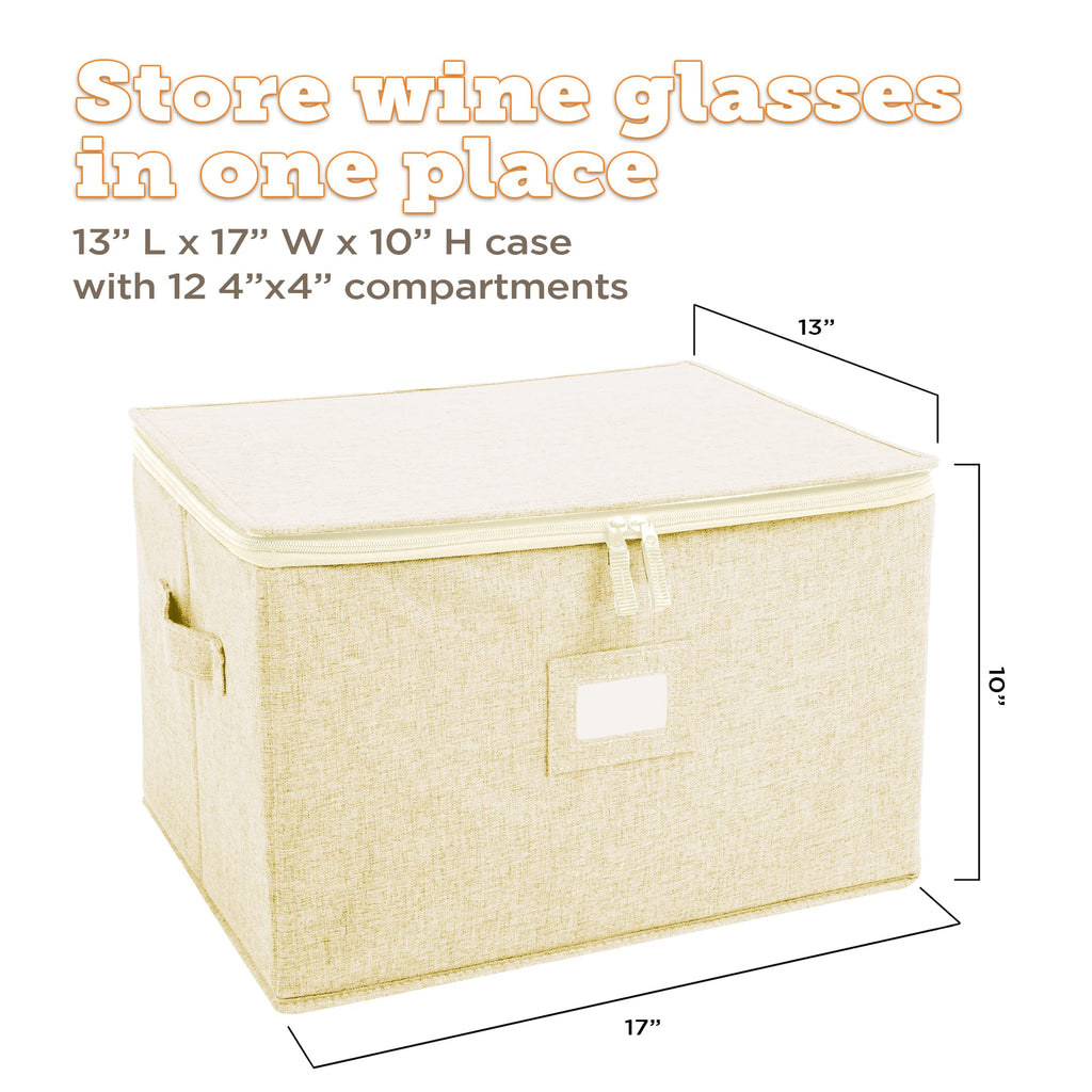 storageLAB Wine Glass Storage Containers, Hard Shell Organizer for Stemware and Glassware Sets, Stackable Wine Glass Storage Box with Dividers for Kitchen and Moving Supplies - 1 Pack, Cream
