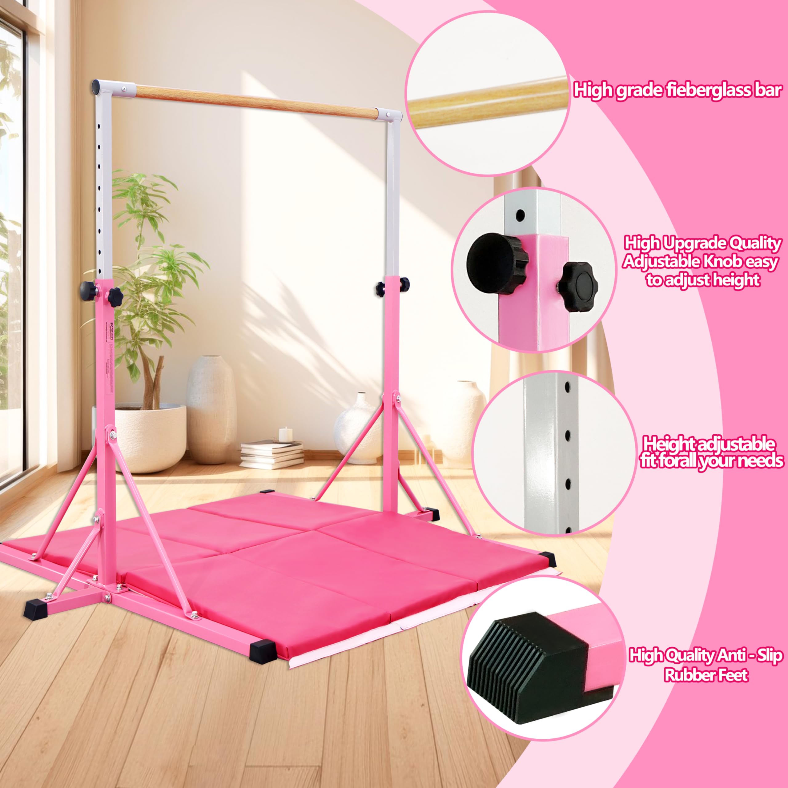 FC FUNCHEER Gymnastics Bar for Kids Ages 3-15, 35" to 60" Adjustable Height, 4FT Wide Base - Professional Kip Bar with 360° Stability & Fiberglass Crossbar, Easy Fold&Solid Design for Home Training