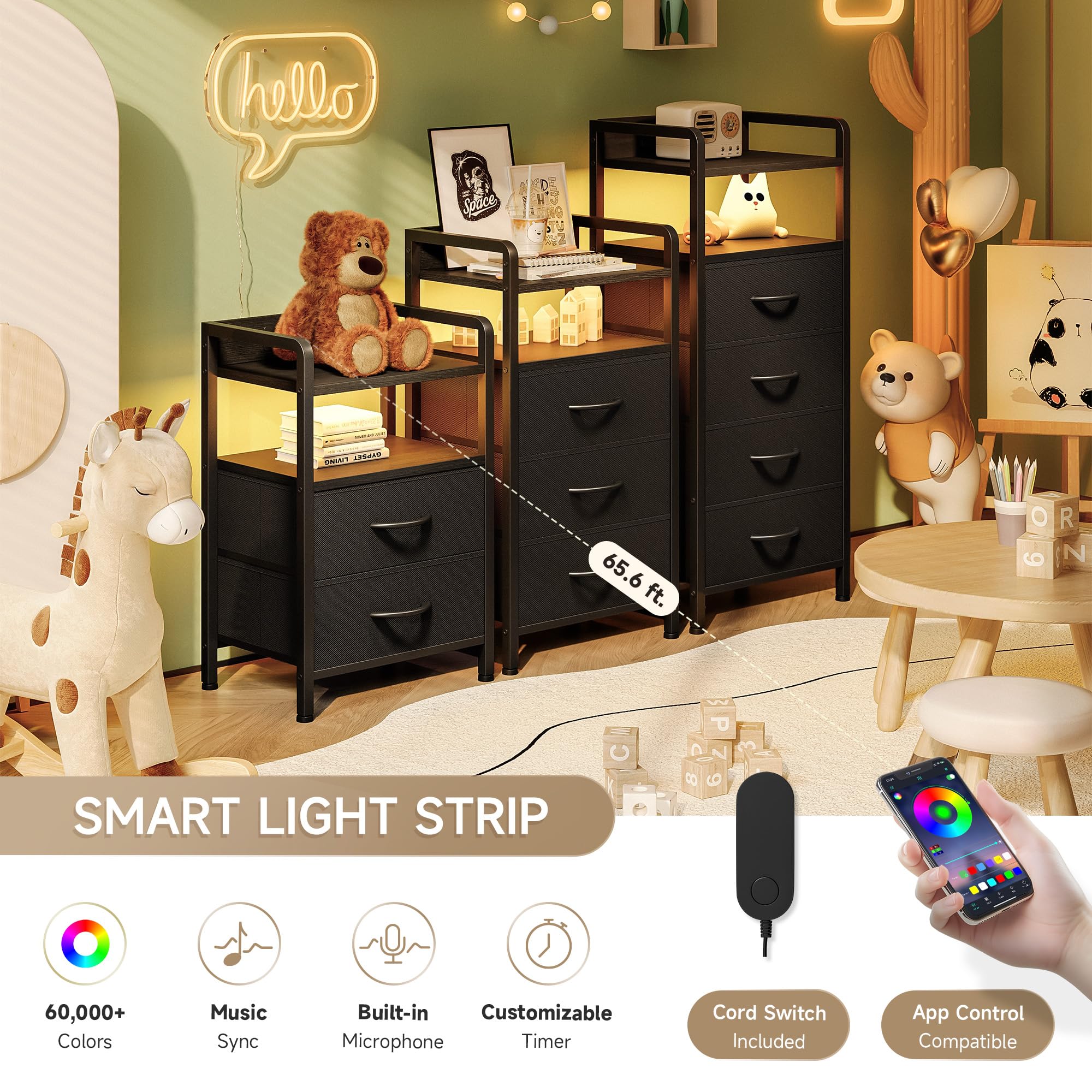 Lazzanto Night Stand Bedside Charger Bedroom - Nightstand with Charging Station & LED Light Strip, Night Stand with Storage Shelf & 2 Fabric Drawers, Morden End Table with U-S-B Ports & AC Outlets