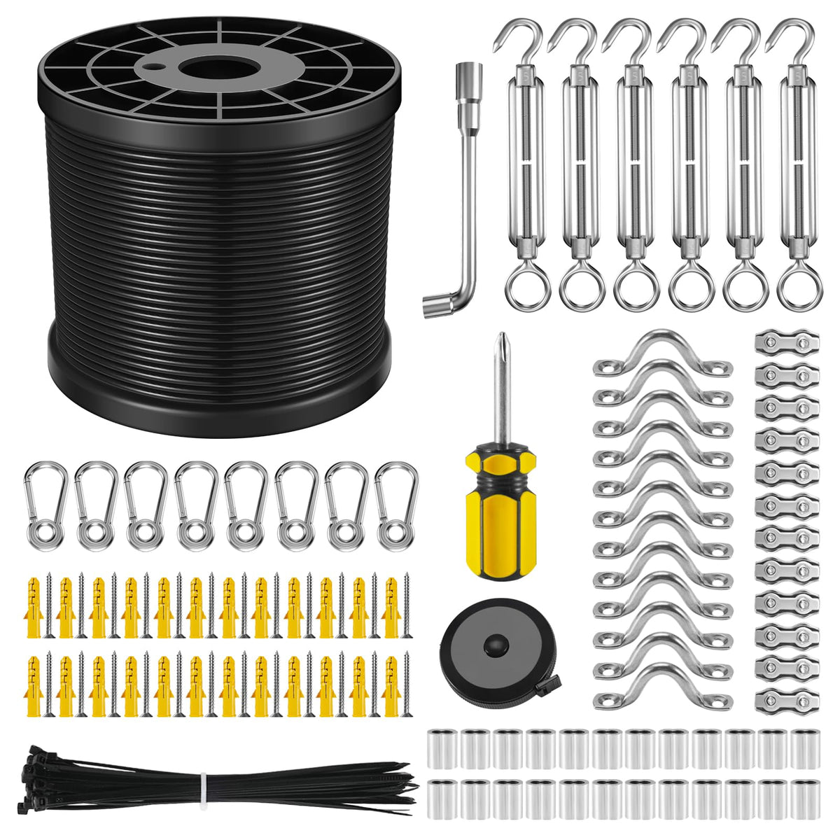 NEREUS String Light Hanging Kit with 164 Ft Vinyl Coated 304 Stainless Steel Cable, String Light Suspension Kit, Guide Wire with Turnbuckles and Hooks for Patio, Backyard Lighting Accessories