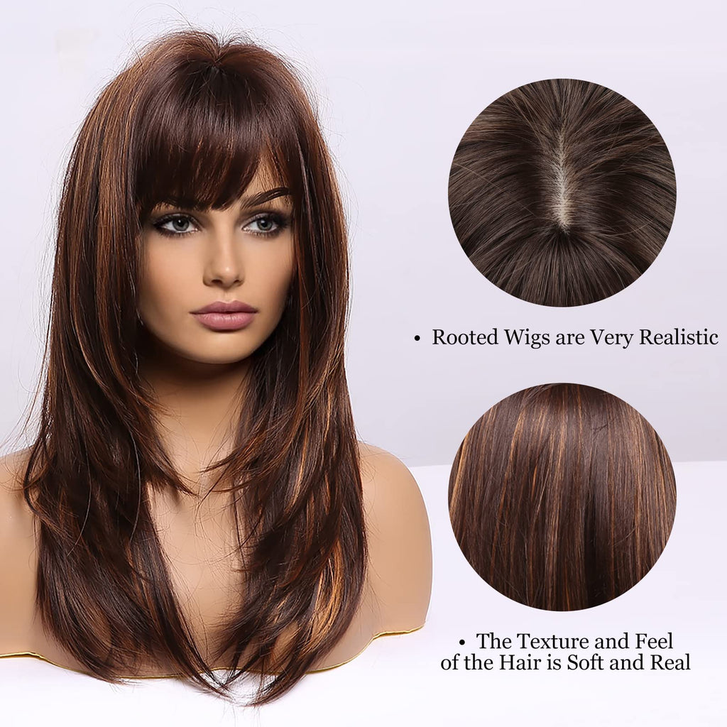 HAIRCUBE Auburn Wigs for Women,Long Layered Orange Wigs with Bangs Heat Resistant Synthetic Fibre Wigs(pelucas de cabello natural)