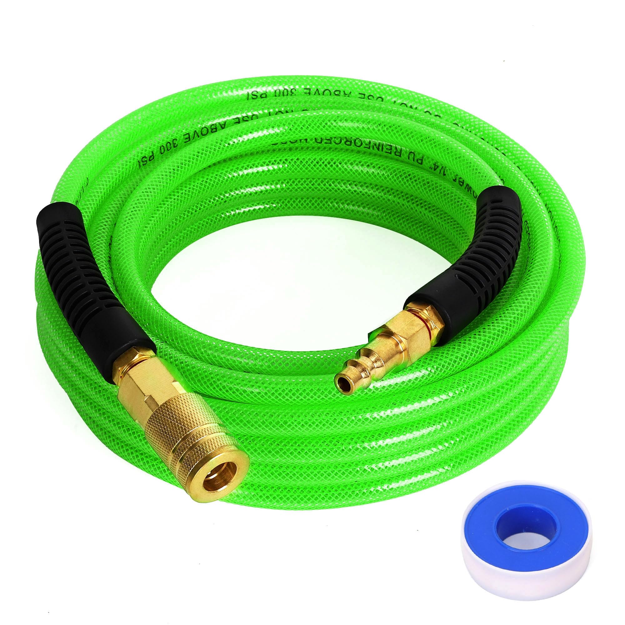 Air Compressor Hose 1/4 Inch x 25 Feet Reinforced Polyurethane (PU) Air Hose with Fittings, Bend Restrictors, 1/4" Industrial Quick Coupler and Plug Kit, Green