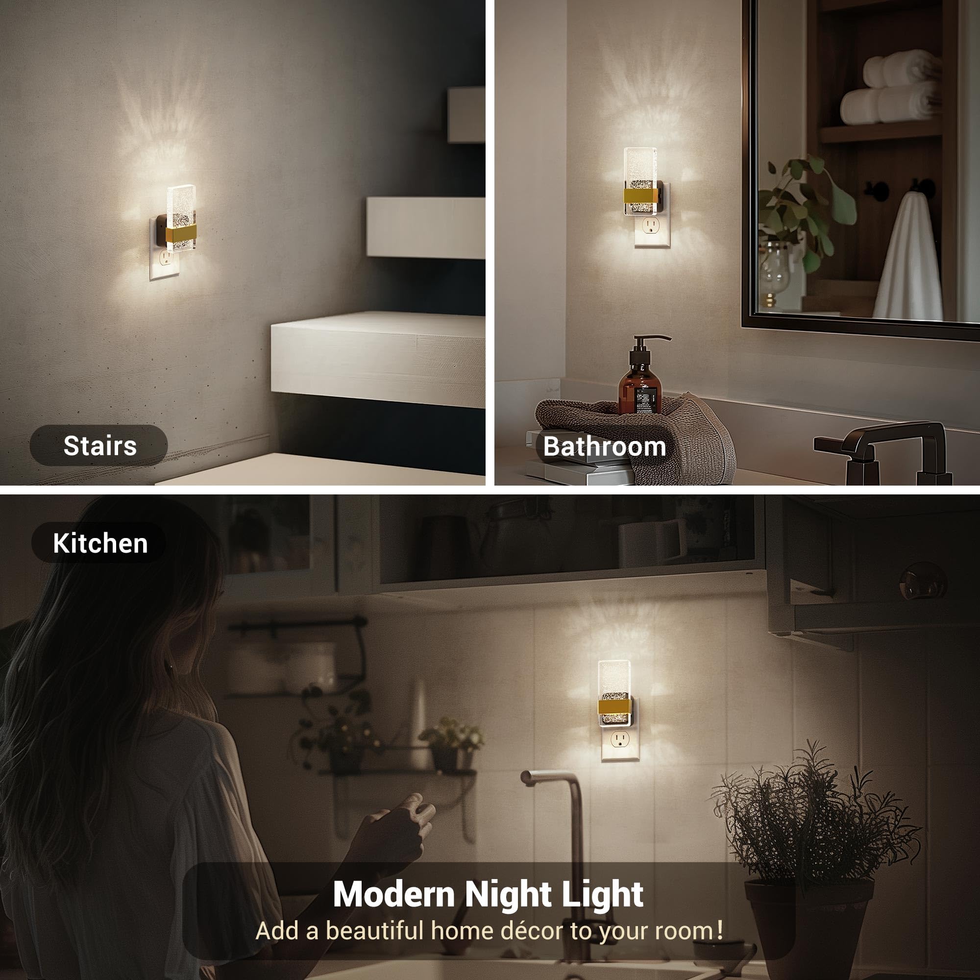 JandCase Night Lights Plug into Wall, Dusk to Dawn Sensor, 3000K Soft White LED, Acrylic Design, 0-100lm Adjustable Brightness, for Bedroom, Bathroom, Living Room, Hallway