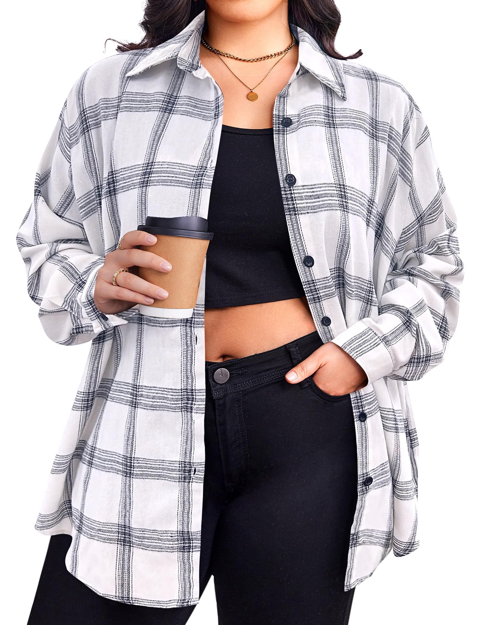 Zeagoo Womens Plus Size Flannel Shirts Plaid Shirts Long Sleeves Casual Button Down Collared Shacket Tops