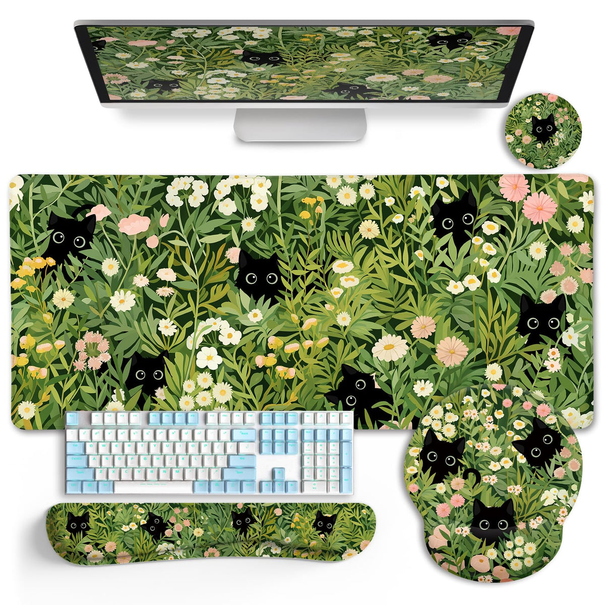Black Striped Ergonomic Large Desk Mat Set with Wrist Rest
