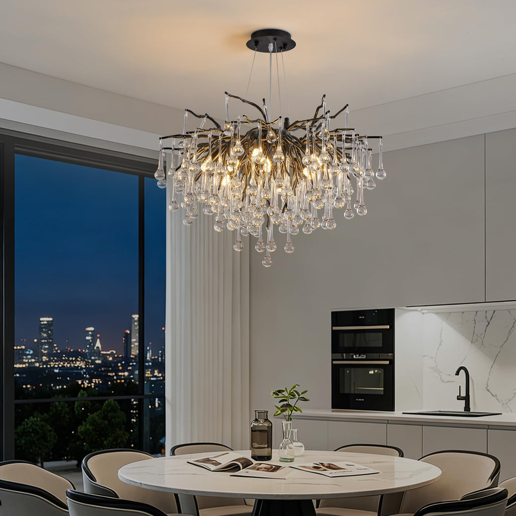 Modern Crystal Raindrop Chandelier, L40'' Black Linear Rectangle Art Deco Tree Branch Lighting Fixture for Kitchen Island Living Room Foyer Staircase 10 Lights