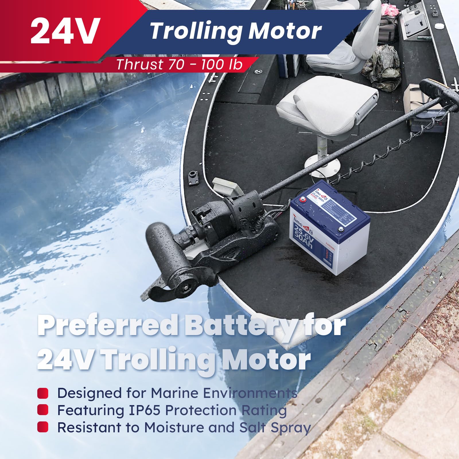 Timeusb 12V 50Ah Trolling Motor LiFePO4 Lithium Battery with Low-Temp Protection, 15000 Deep Cycle, Max. 60A Current at 30mins, 12V Battery for 20~70lb Boat Motor, Fish Finder, Instrument Panel etc.