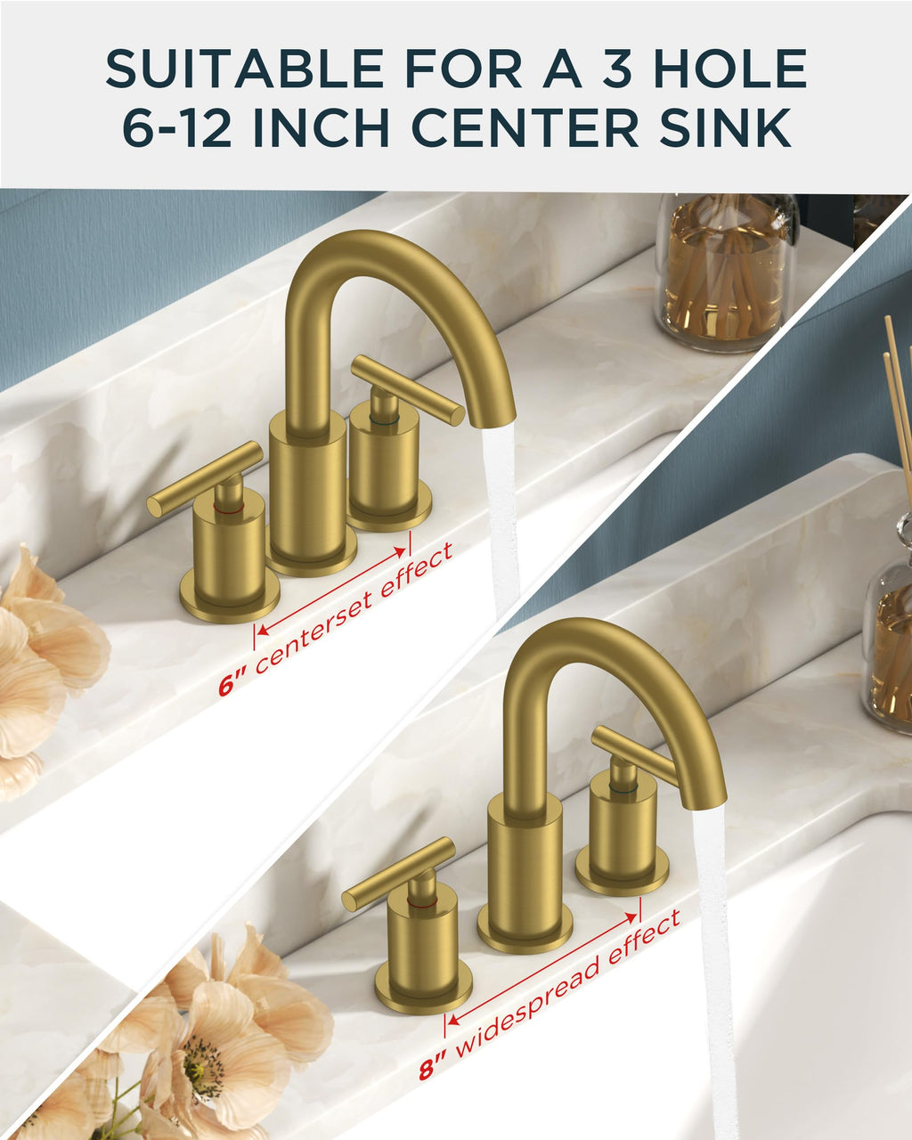 FORIOUS 4" Brushed Gold Bathroom Faucet Centerset 4 Inch, 2 Handle 2 Hole Gold Faucets for Bathroom Vanity wtih Metal Pop Up Dain, CUPC Supply Hose, High Arc Swivel Spout