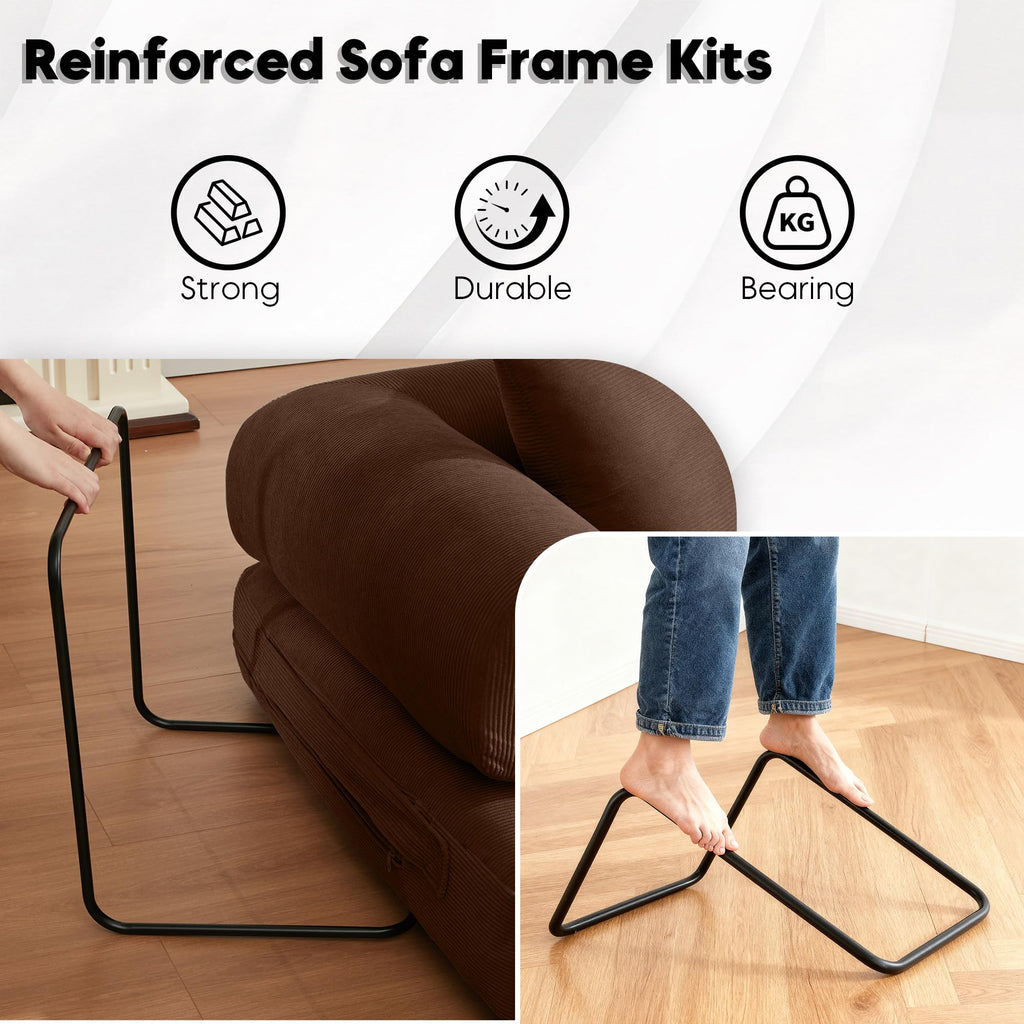 ZEIINPA 59“ Convertible Floor Sofa Bed, 5-in-1 Futon Sofa Bed Pull Out Sleeper Couch, Modern Corduroy Compressed Loveseat, Modular Boneless Couches for Living Room, No Assembly Required, Beige
