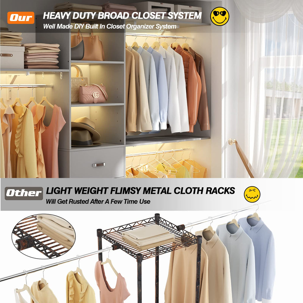 iSunirm 8FT Closet System, 96'' Closet Organizer System with 3 Hanging Rods, Wall Mount Bedroom Wardrobe with 3 Drawers Walk-in Closet, Adjustable Cloth Garment Rack from 5 to 8FT (Cut to Fit), Black