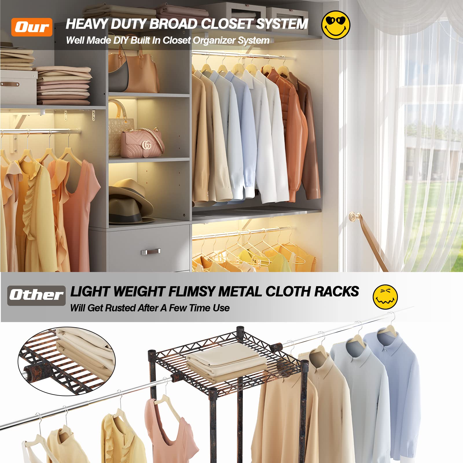 iSunirm 8FT Closet System, 96'' Closet Organizer System with 3 Hanging Rods, Wall Mount Bedroom Wardrobe with 3 Drawers Walk-in Closet, Adjustable Cloth Garment Rack from 5 to 8FT (Cut to Fit), Black