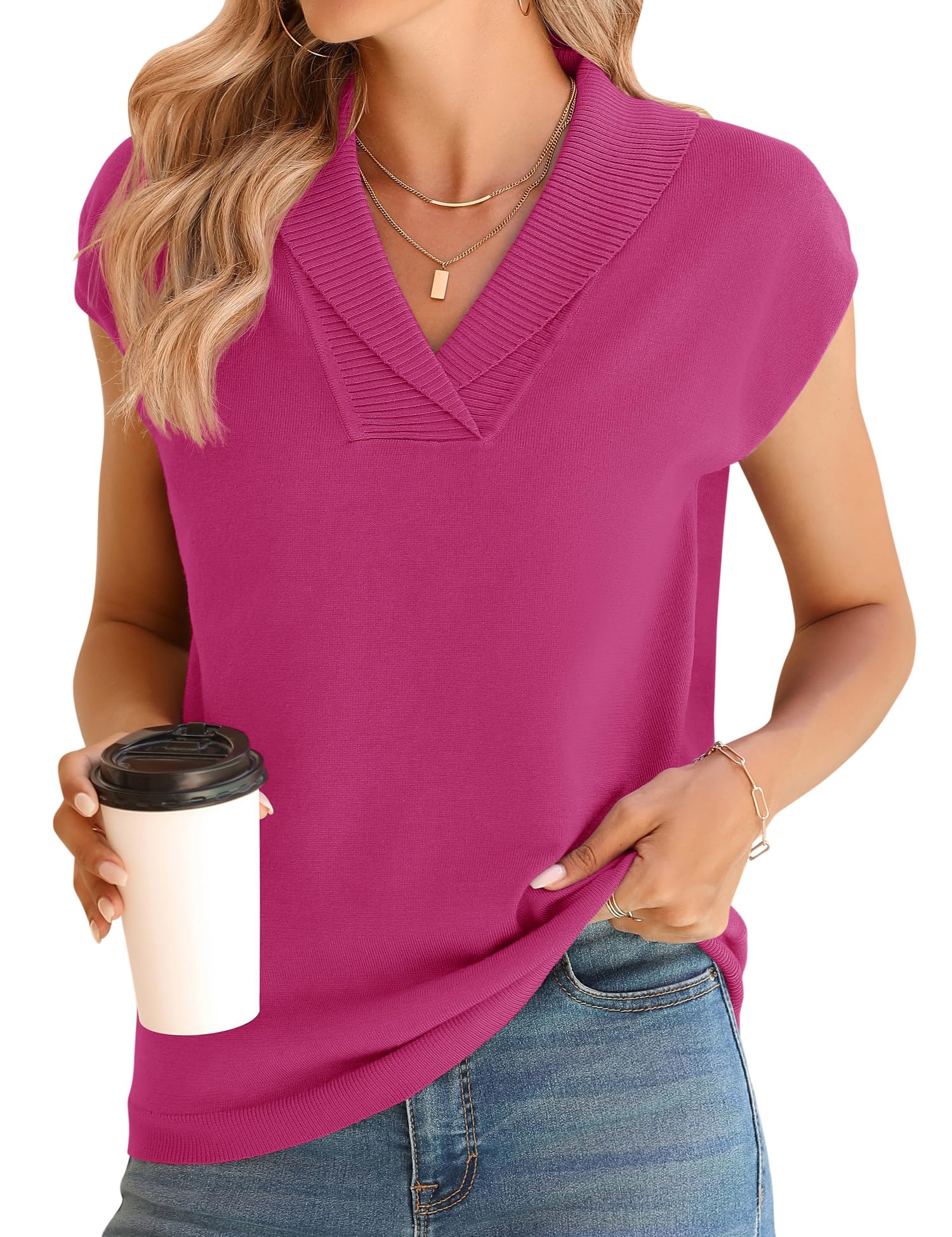 Ivicoer Sweater Vest Women V-Neck Knitted Pullover Short Cap Sleeve Collared Tops Dressy Casual 2025 Summer Fashion Trendy
